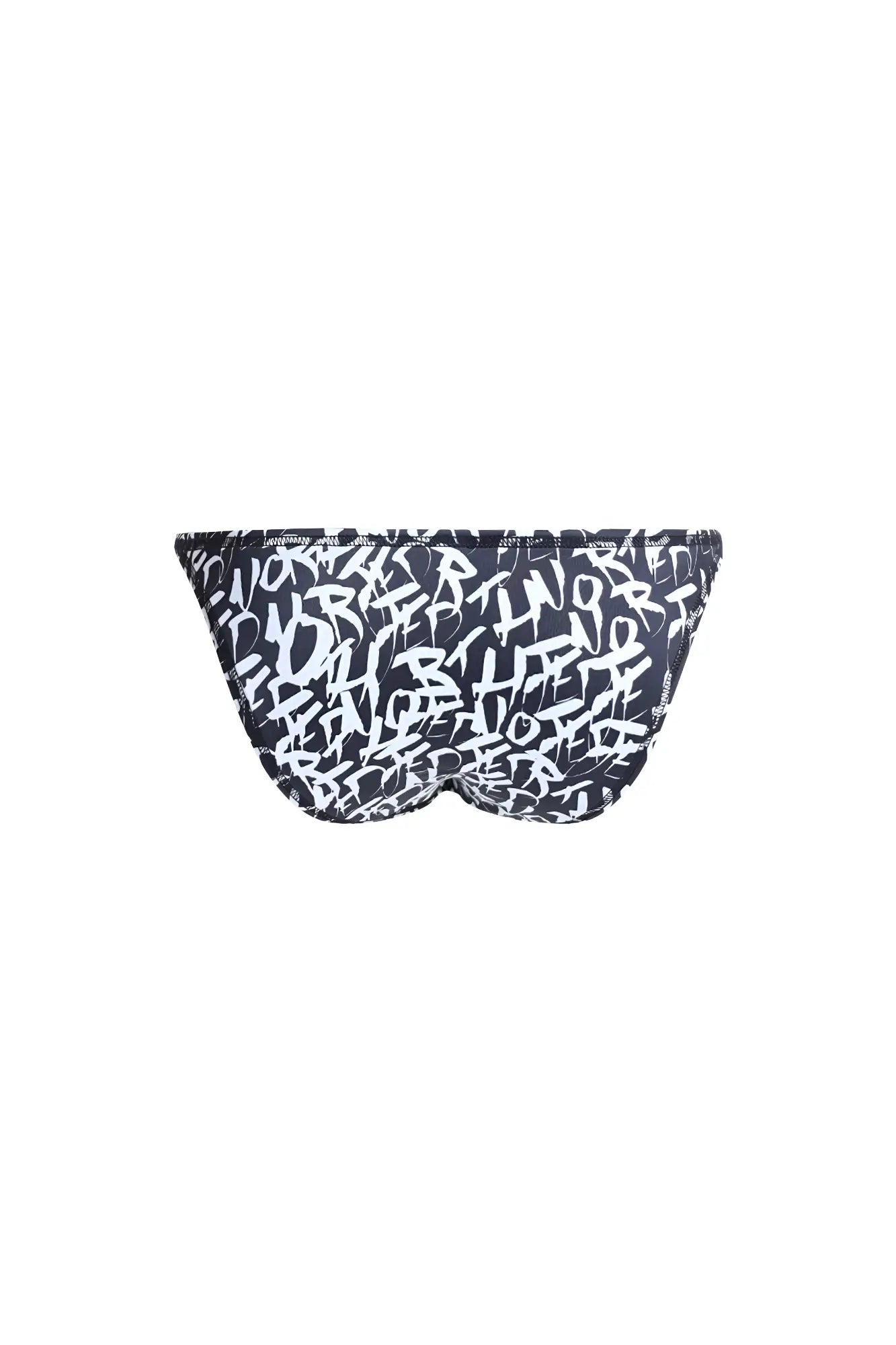 Mens bodybuilding posing trunks chaotic with bold white graffiti style lettering on black bikini bottom visible from back side