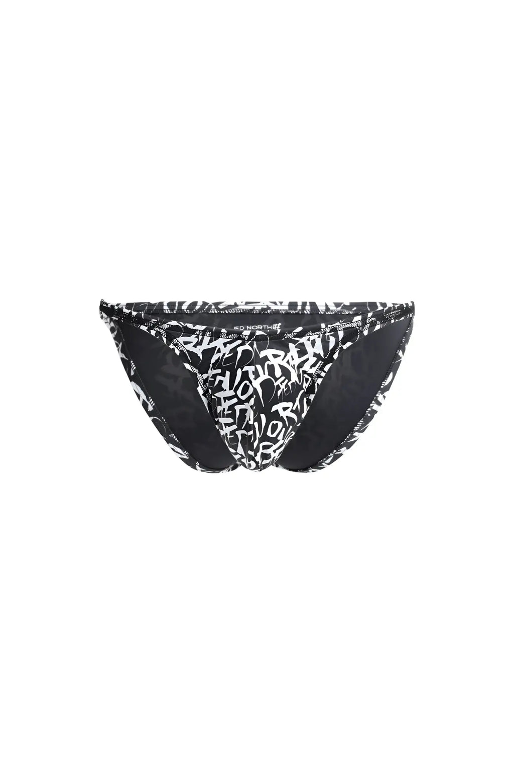 Men’s bodybuilding posing trunks chaotic black and white graffiti print bikini bottom with a sleek modern design back view