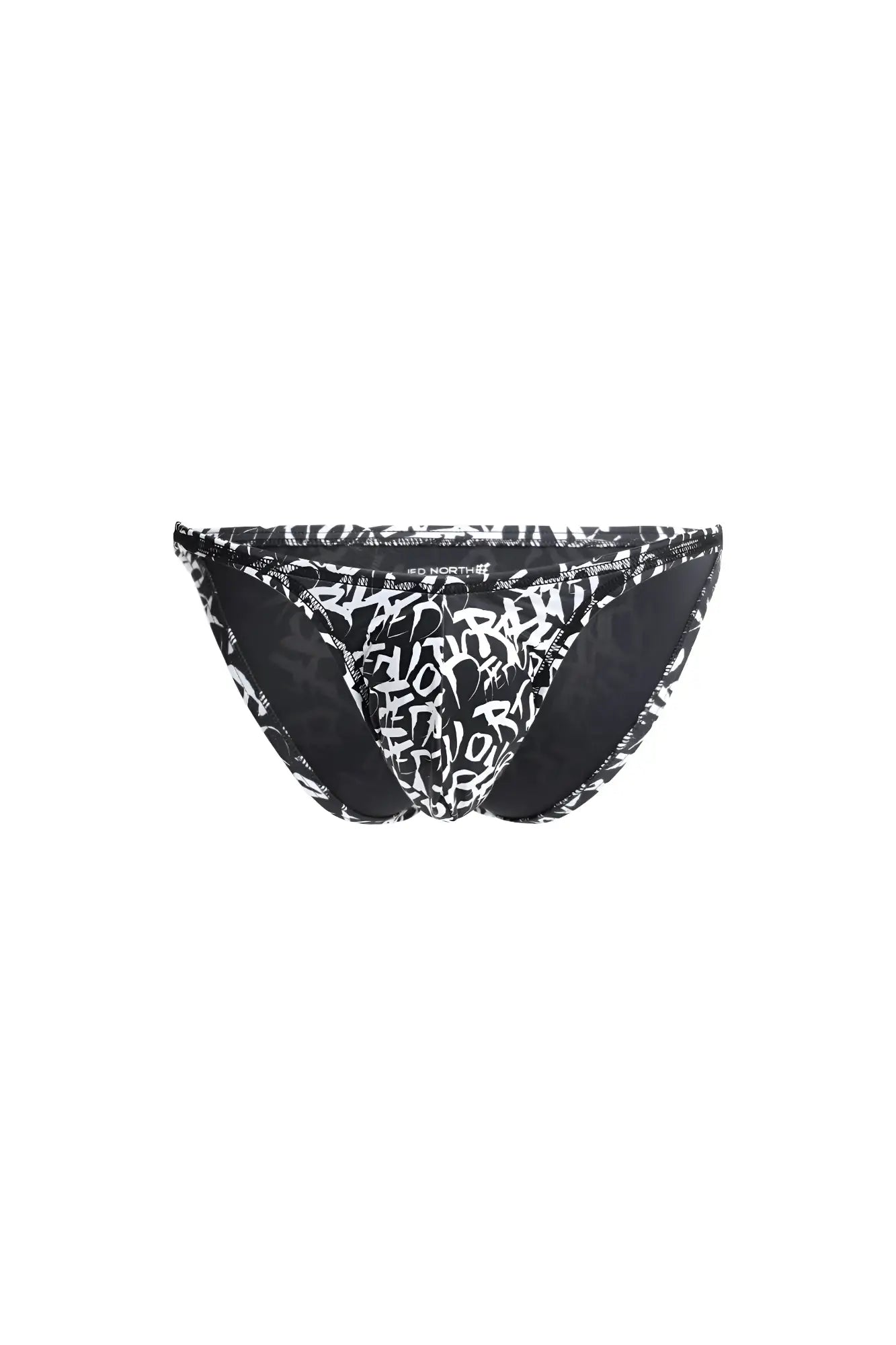 Men’s bodybuilding posing trunks chaotic black and white graffiti print bikini bottom with a sleek modern design back view