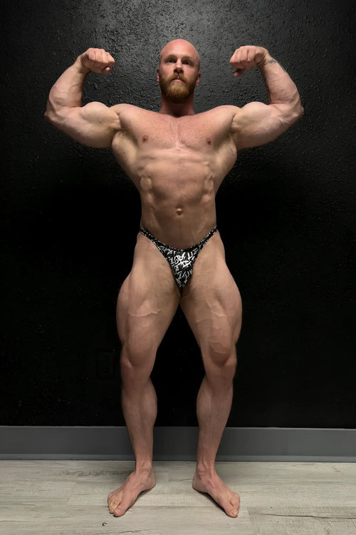 Men’s bodybuilding posing trunks chaotic in black and white patterned briefs with a bold intricate design