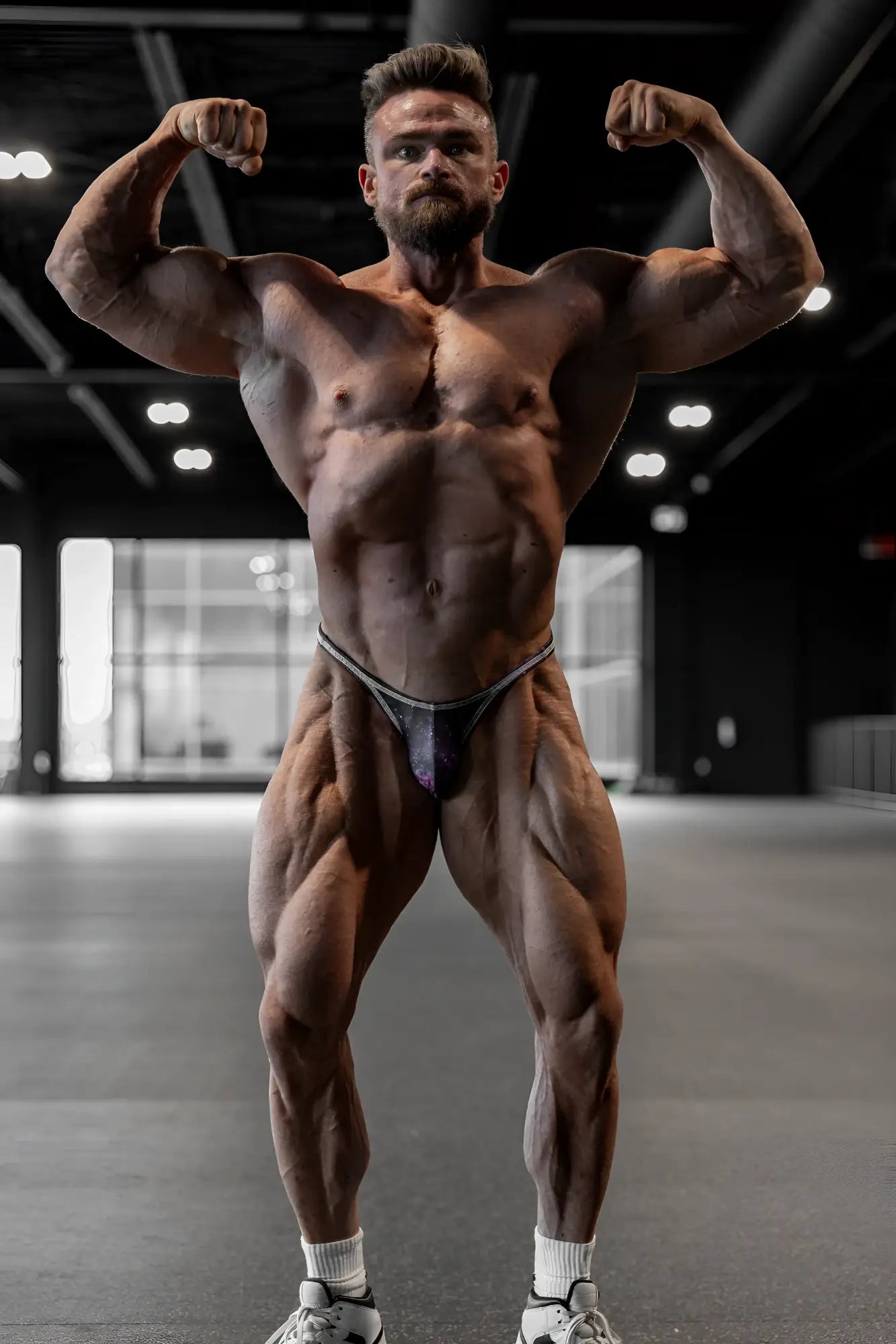 Muscular man flexing in gym wearing dark blue and white men’s bodybuilding posing trunks galaxy with silver trim