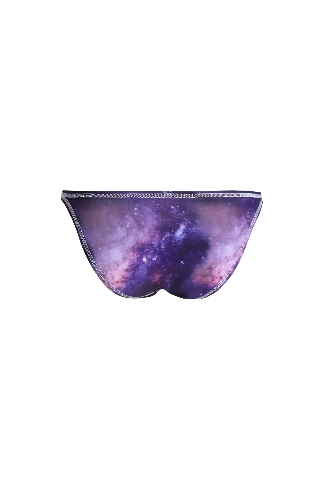 Men’s bodybuilding posing trunks galaxy print purple and pink with a black elastic waistband shown from the back