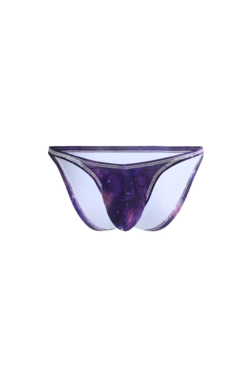 Men’s bodybuilding posing trunks in purple and white galaxy pattern with shiny silver-trimmed waistband