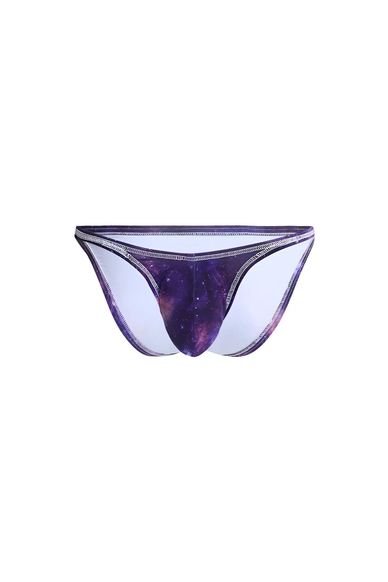 Men’s bodybuilding posing trunks in purple and white galaxy pattern with shiny silver-trimmed waistband