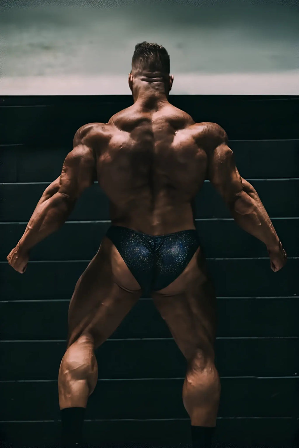 A muscular man wearing metallic black men’s bodybuilding posing trunks with a textured finish