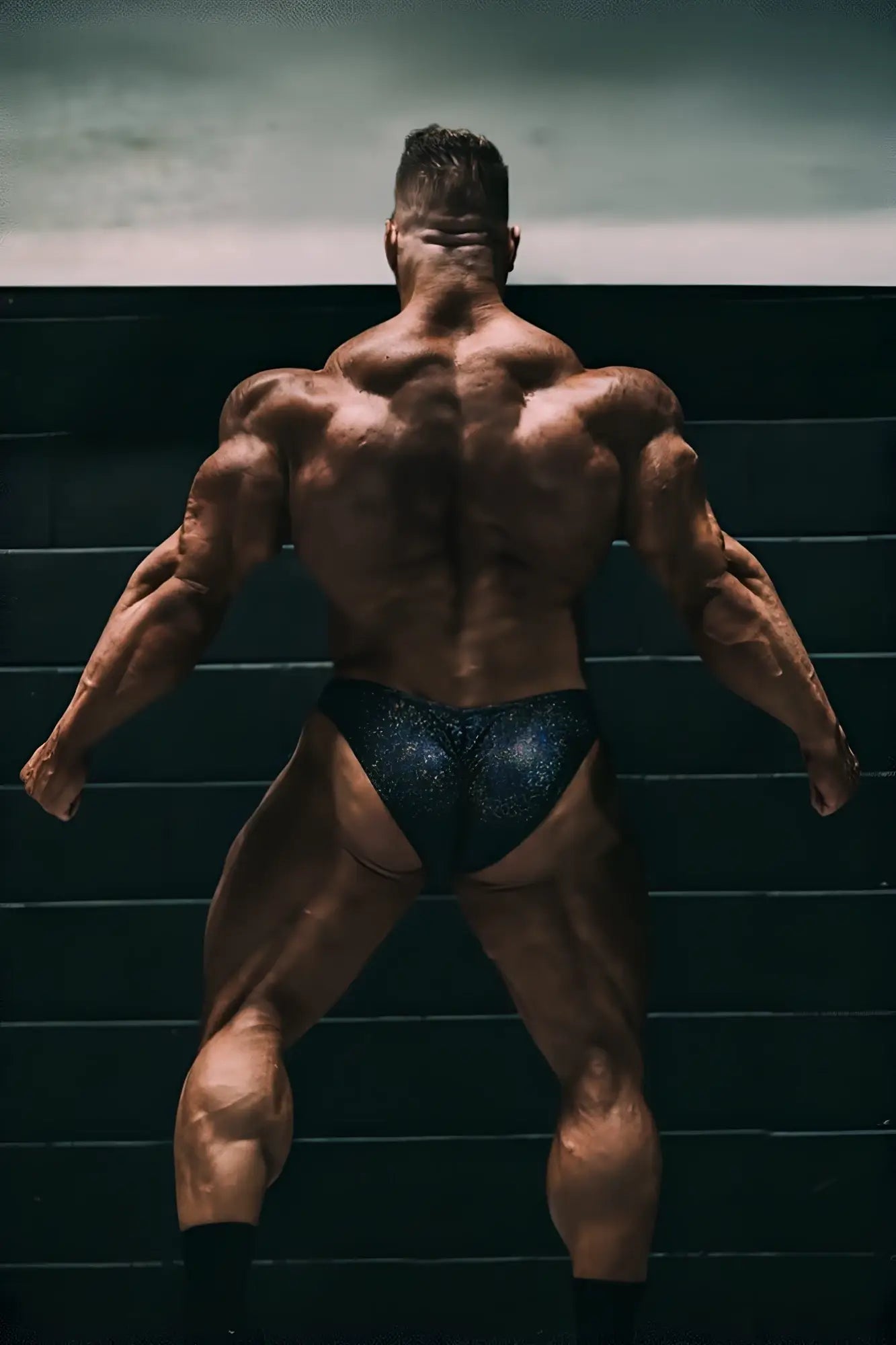 A muscular man wearing metallic black men’s bodybuilding posing trunks with a textured finish