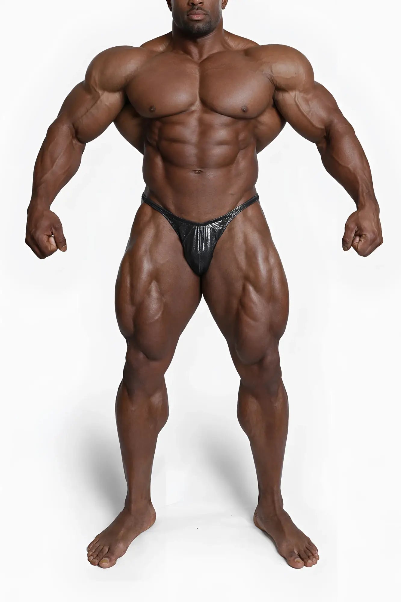 Men’s bodybuilding posing trunks in metallic black shiny fabric designed for competition and stage use