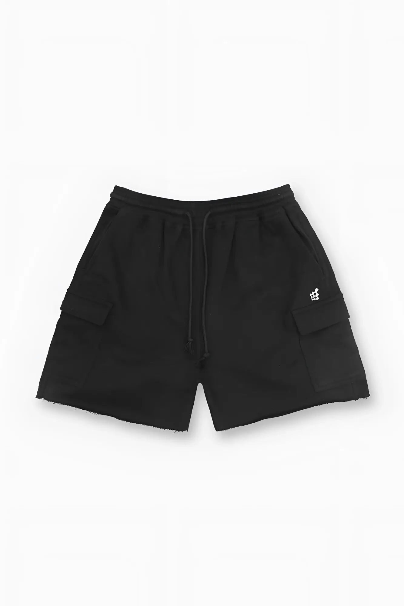Men’s cargo sweat shorts in black with drawstring waistband frayed hem side pockets and white logo on left thigh