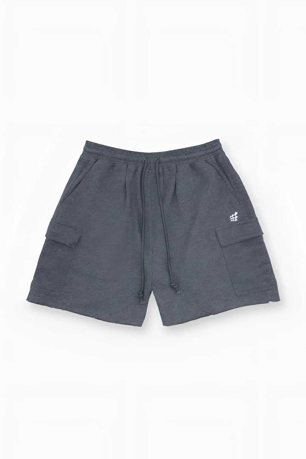 Men’s dark heather gray cargo sweat shorts with side pockets and a comfortable drawstring waistband