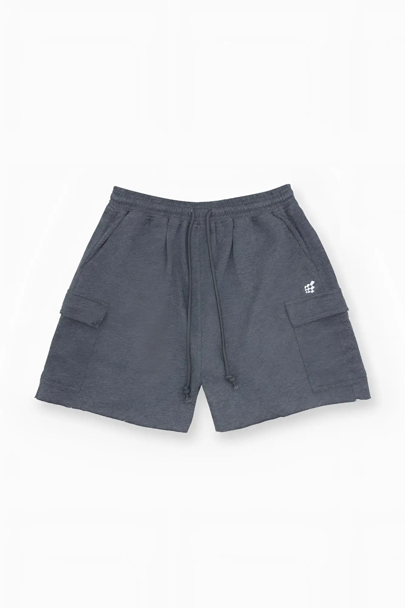 Men’s dark heather gray cargo sweat shorts with side pockets and a comfortable drawstring waistband