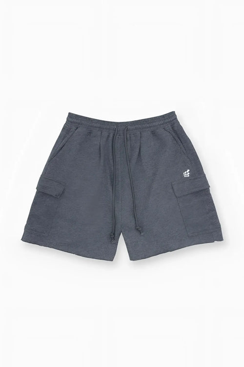 Men’s dark heather gray cargo sweat shorts with side pockets and a comfortable drawstring waistband