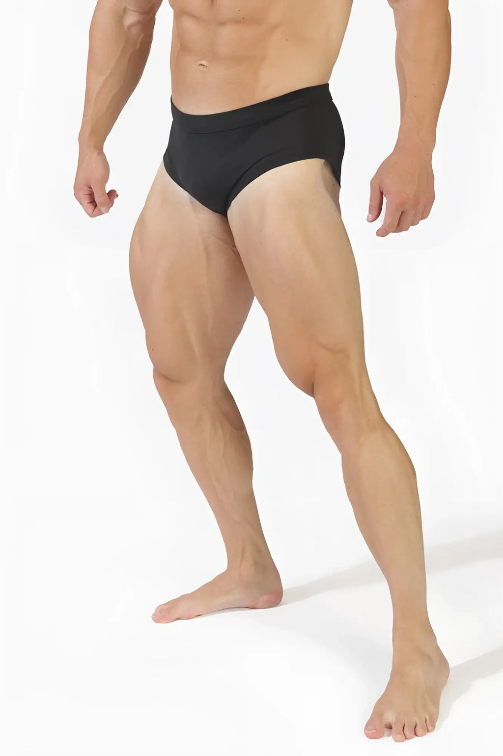 Men’s classic physique posing trunks in black with standard 4 inch side seam designed for bodybuilding competitions