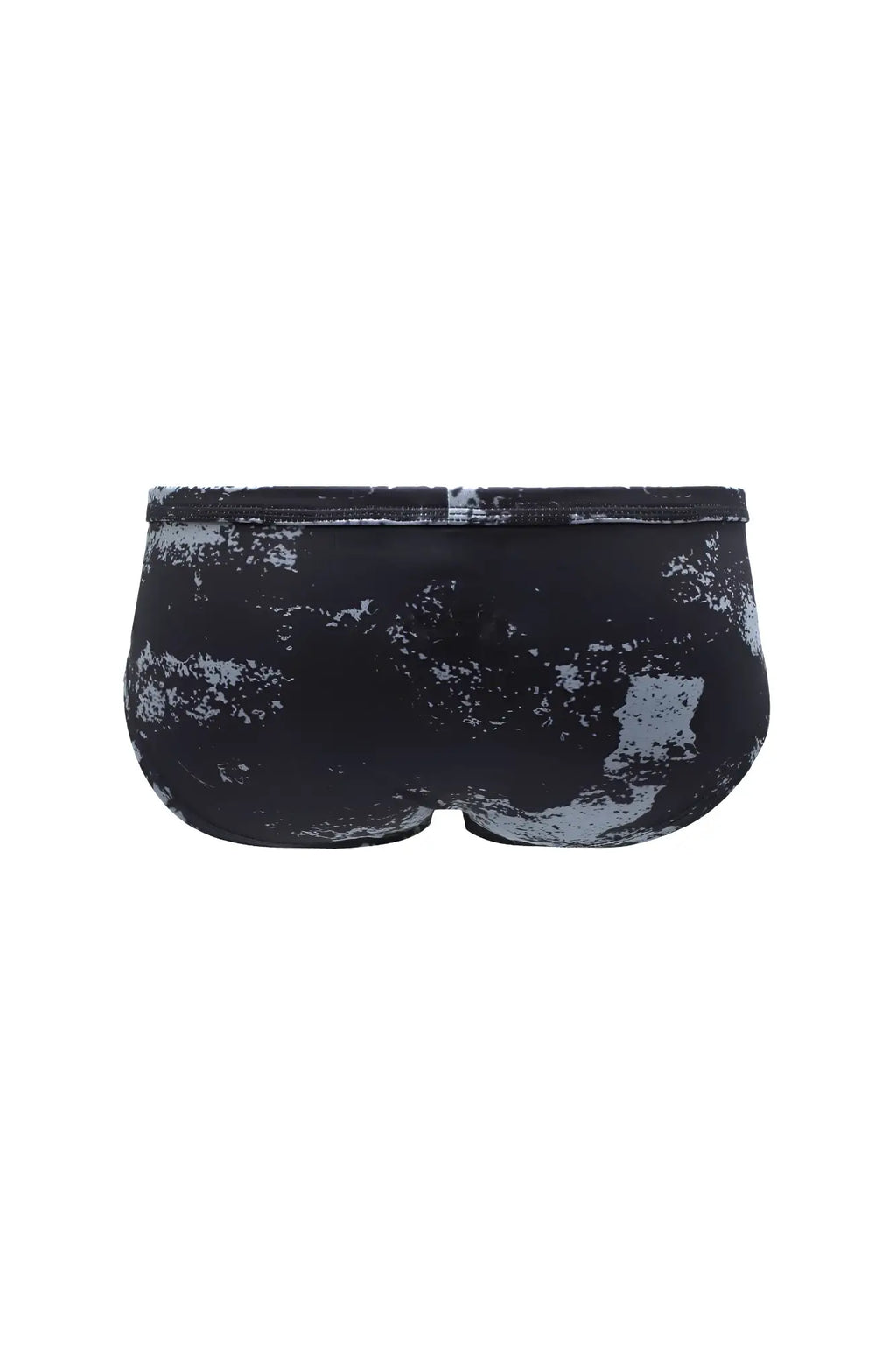 Men’s classic physique black swim trunks with distressed white pattern and 2 inch seam for bold style and comfort