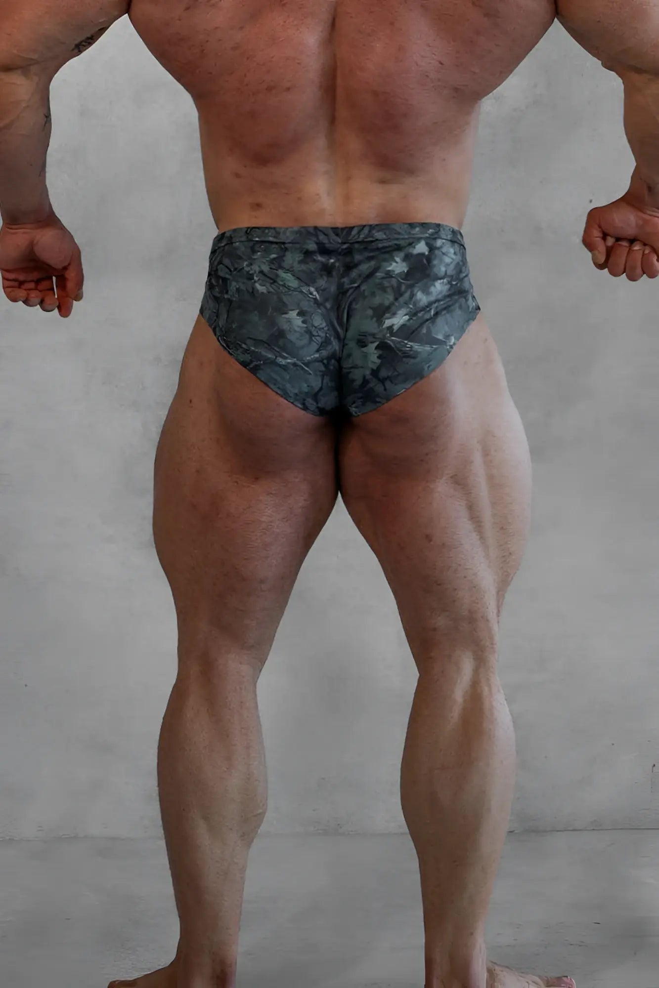 Men’s classic physique trunks 2 inch seam camo briefs in dark green and gray camouflage pattern