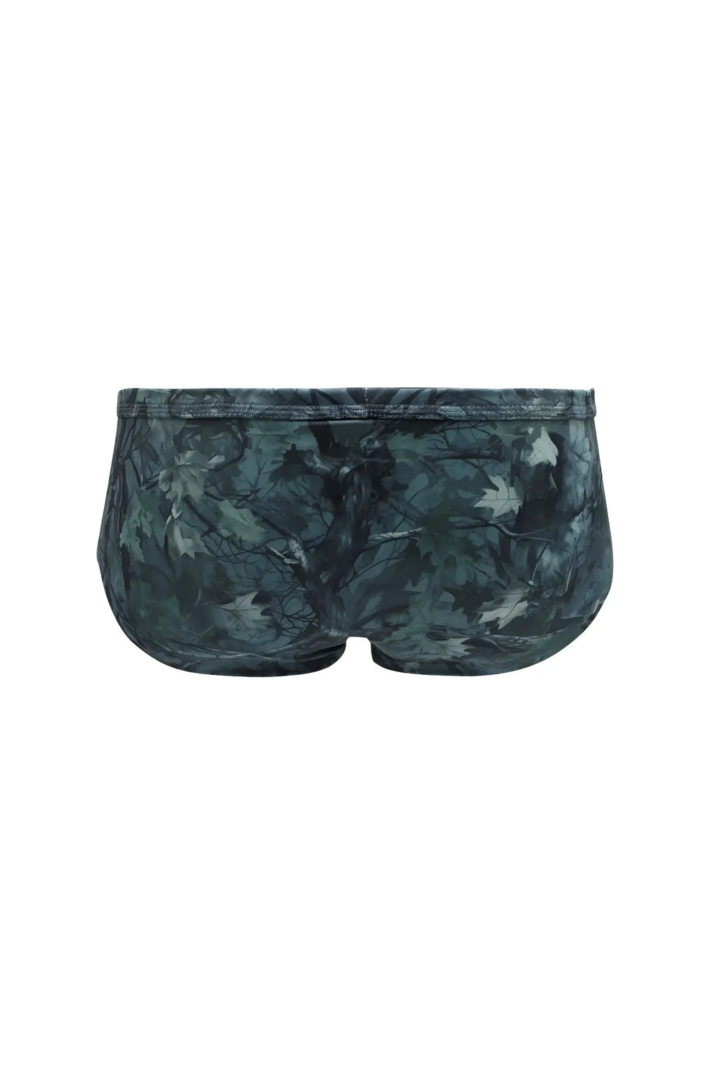 Men’s classic physique trunks with 2 inch seam featuring dark green and black leaf patterned swim trunks for camo style