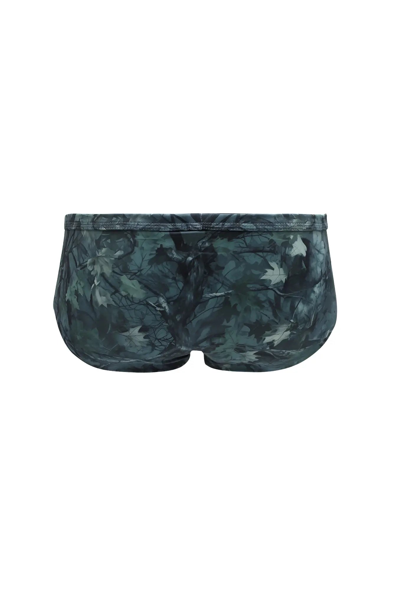 Men’s classic physique trunks with 2 inch seam featuring dark green and black leaf patterned swim trunks for camo style