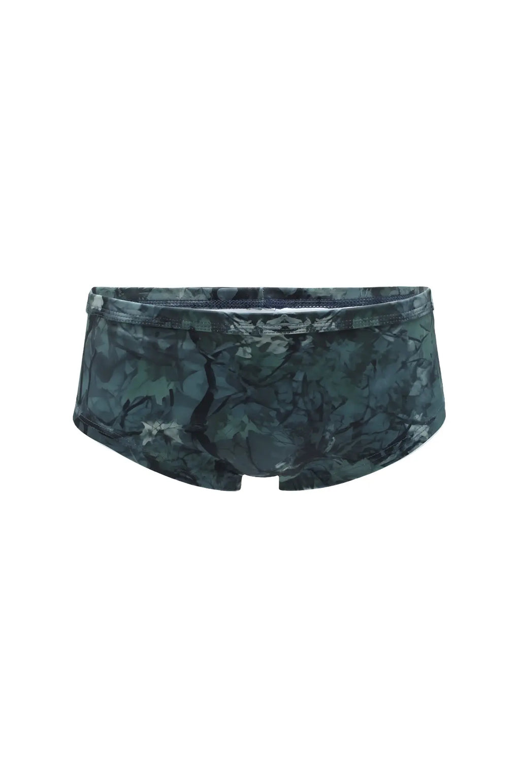 Men’s classic physique trunks 2 inch seam in dark green camouflage with a snug tailored fit for swimming