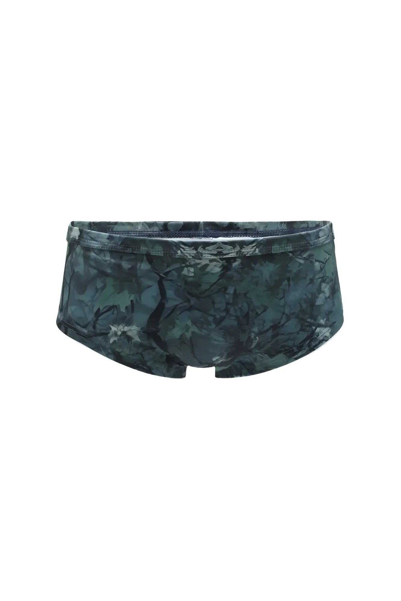 Men’s classic physique trunks 2 inch seam in dark green camouflage with a snug tailored fit for swimming