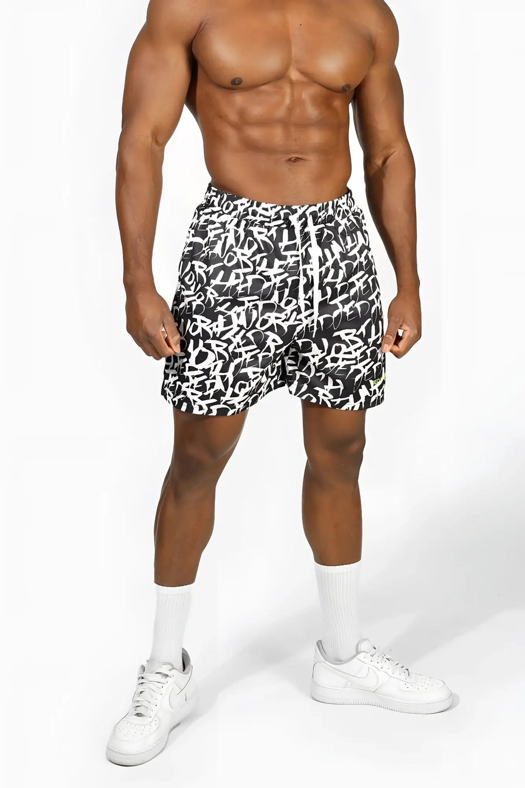 Jed north men’s fast-dry 5 inch training shorts in black and white graffiti print with drawstring waistband