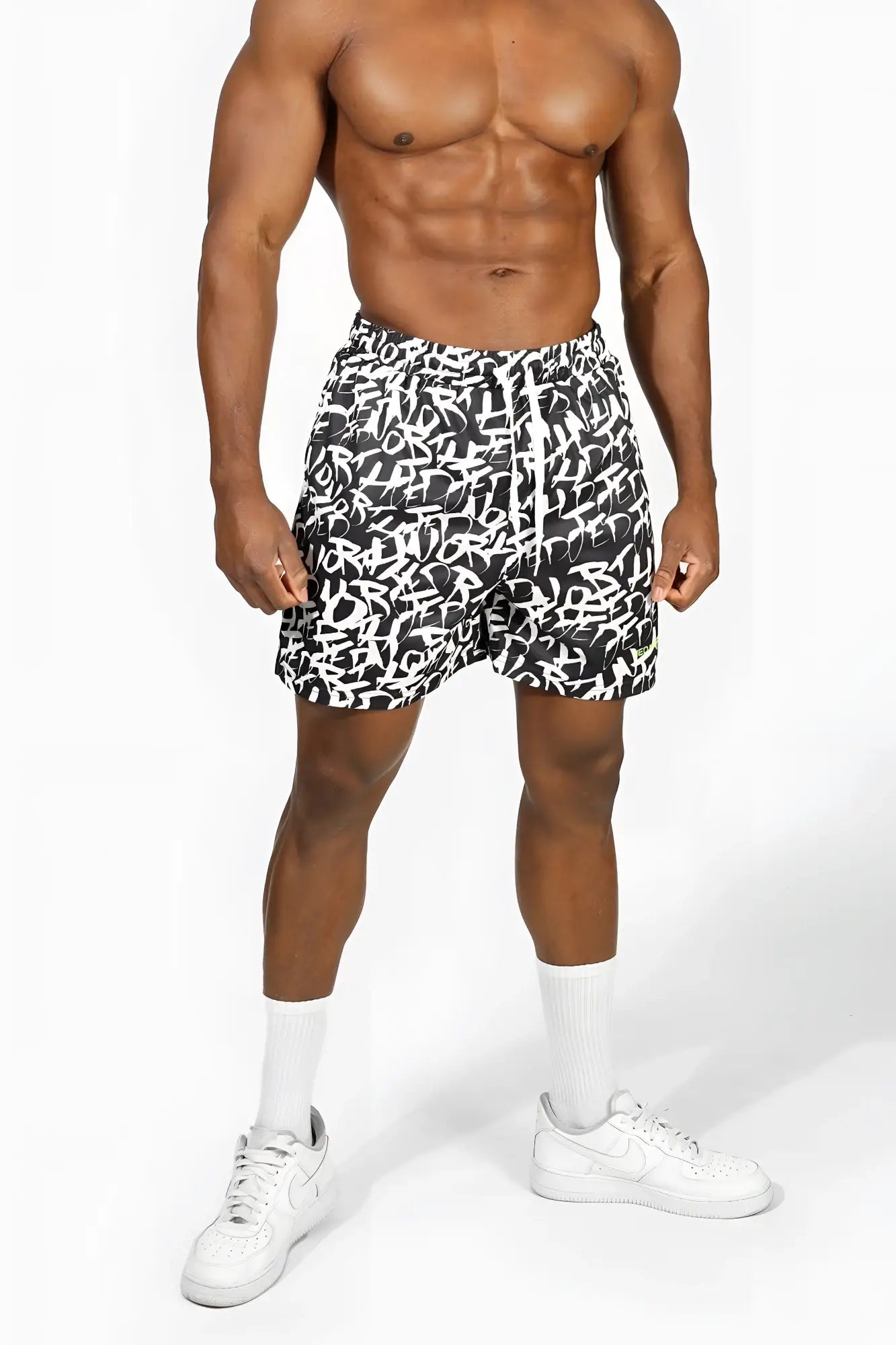 Jed north men’s fast-dry 5 inch training shorts in black and white graffiti print with drawstring waistband