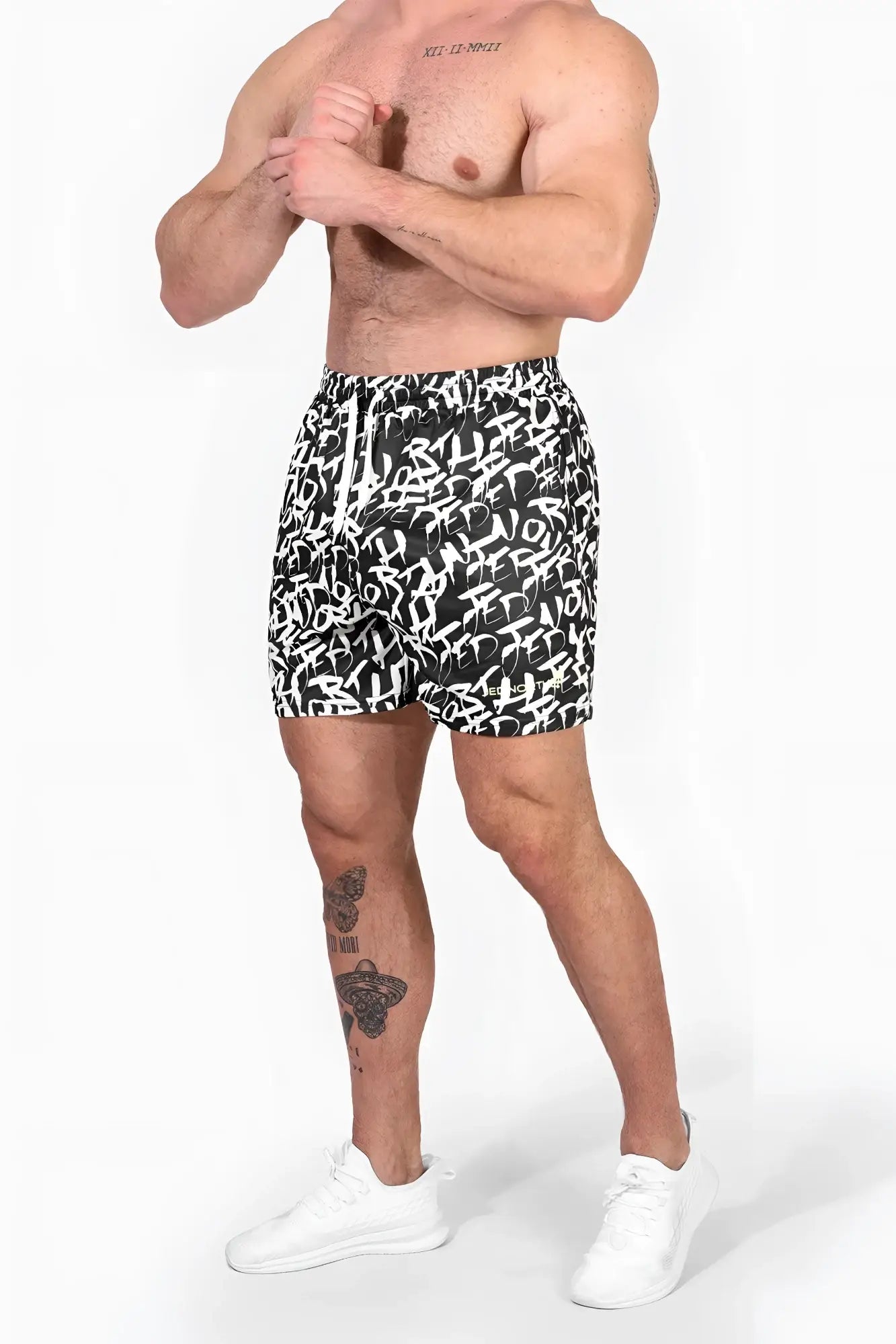 Jed north men’s fast-dry athletic shorts in black and white graffiti print with a drawstring waistband for training