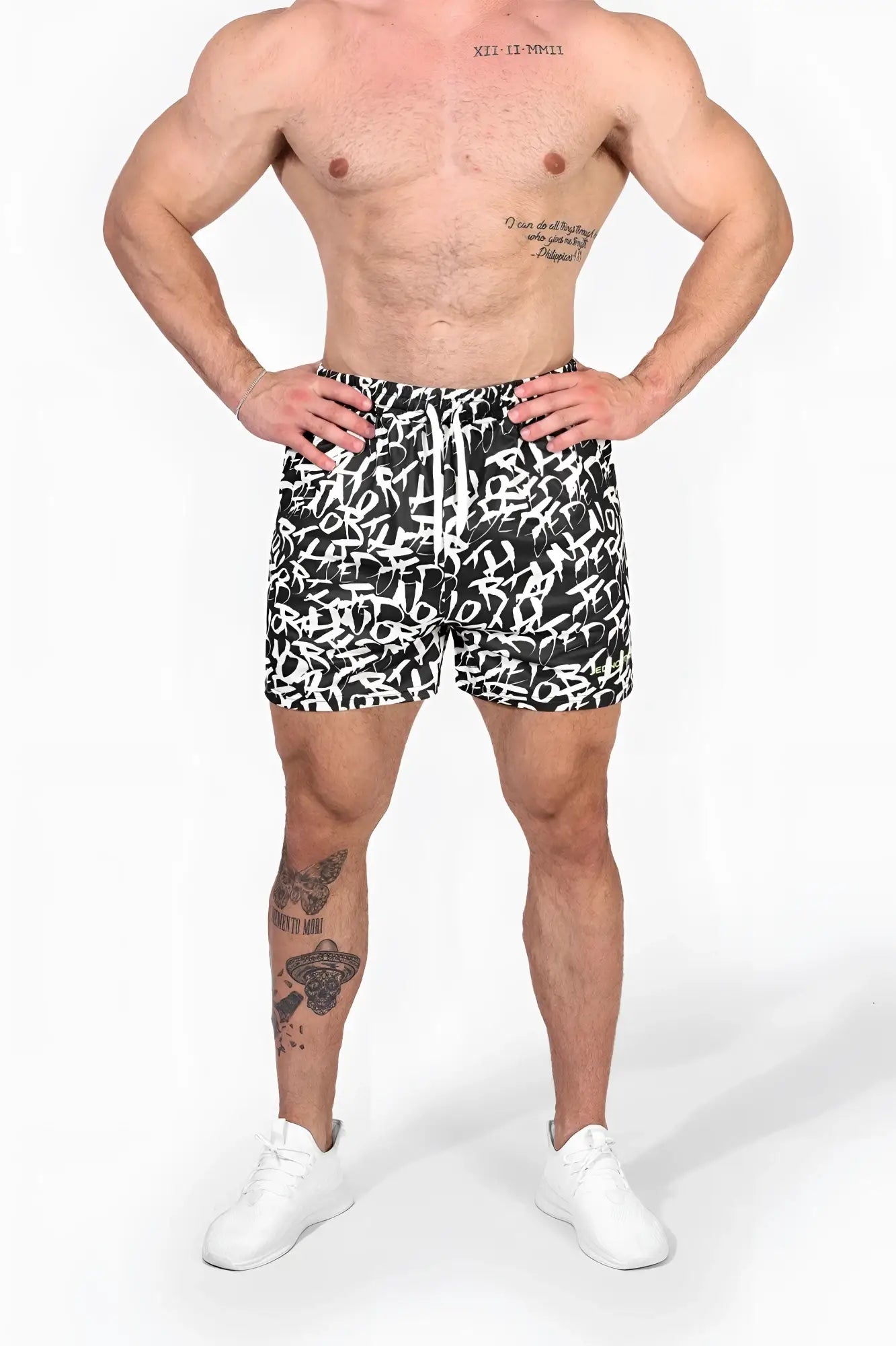 Jed North men’s fast-dry 5 inch training shorts in black and white graffiti print with drawstring waistband