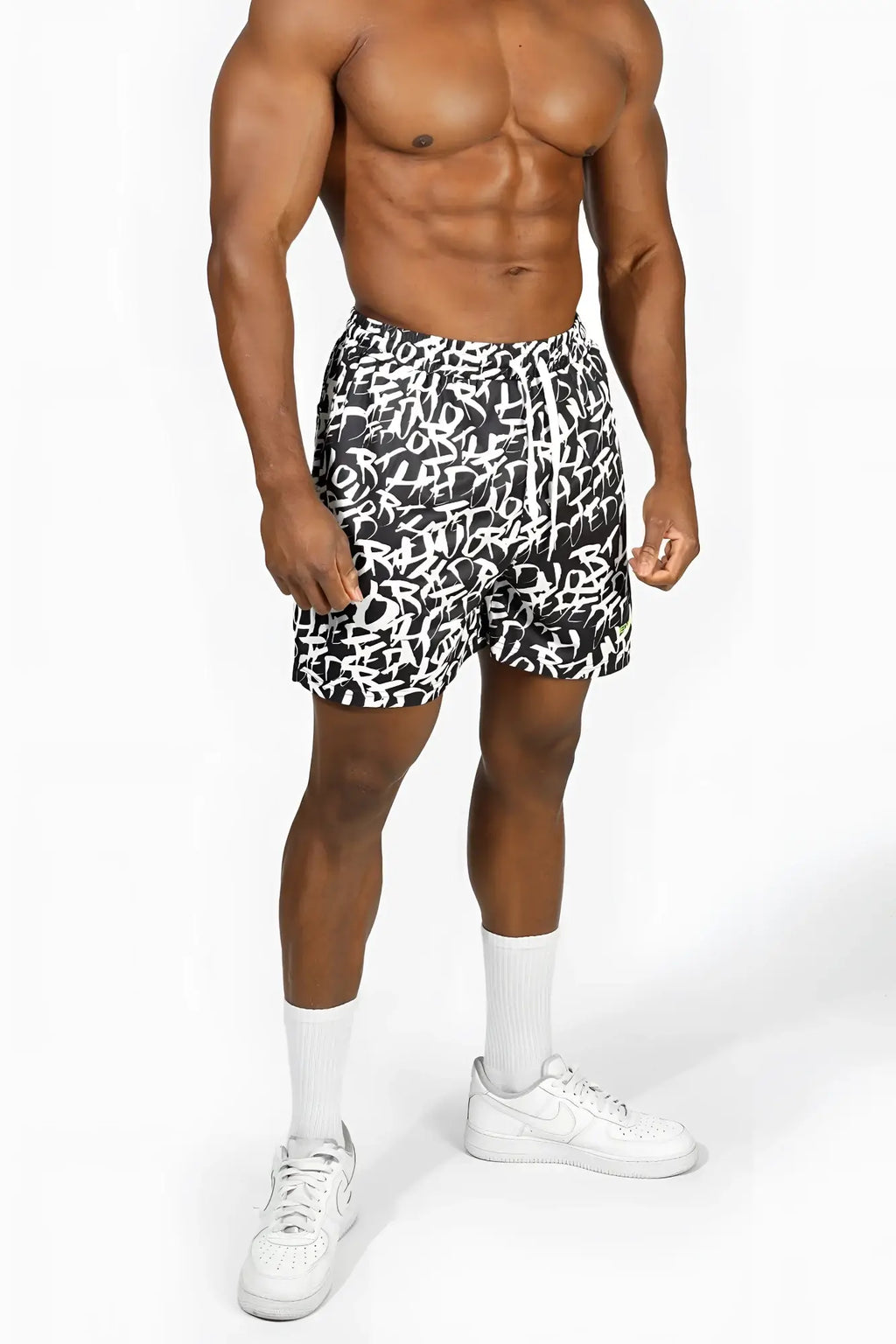 Jed North men’s fast-dry 5 inch training shorts in black and white graffiti print with drawstring waistband