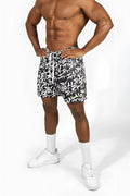 Jed north men’s fast-dry 5 inch training shorts in black and white with bold abstract lettering pattern