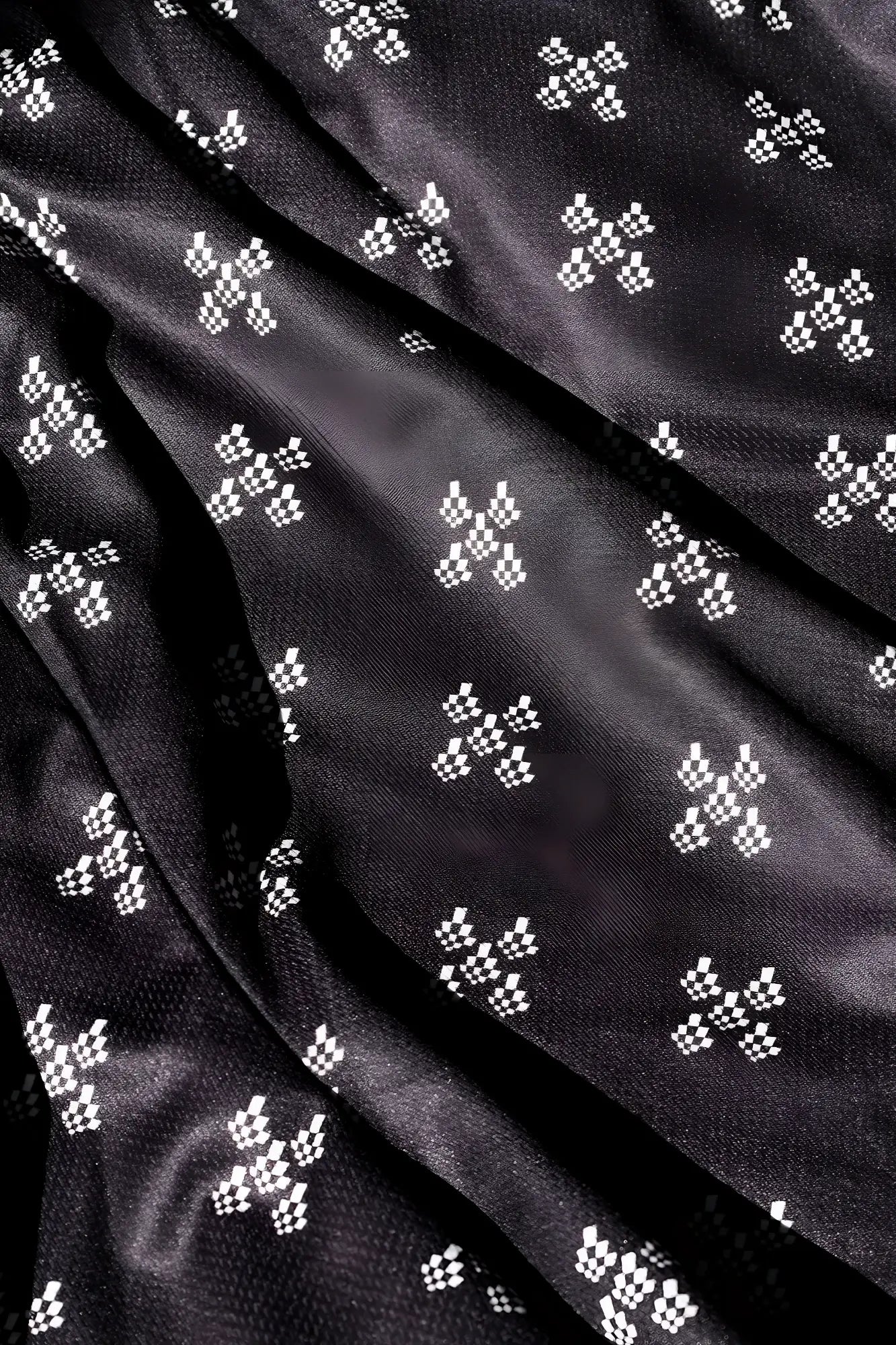 Jed north men’s fast-dry 5 inch training shorts in black satin with white geometric cross pattern and subtle sheen