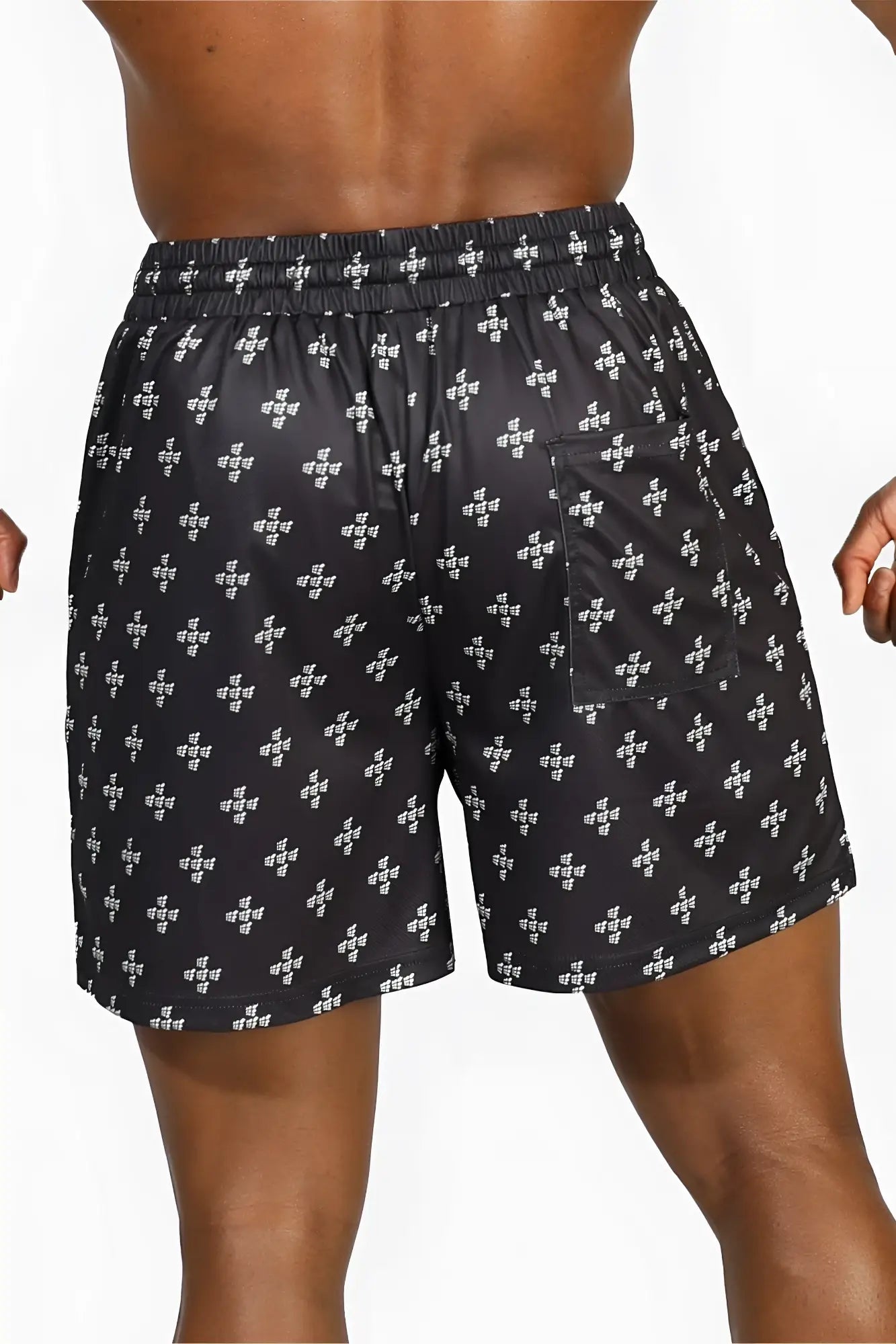 Jed North men’s fast-dry 5 inch training shorts in black with white graphic pattern and elastic waistband