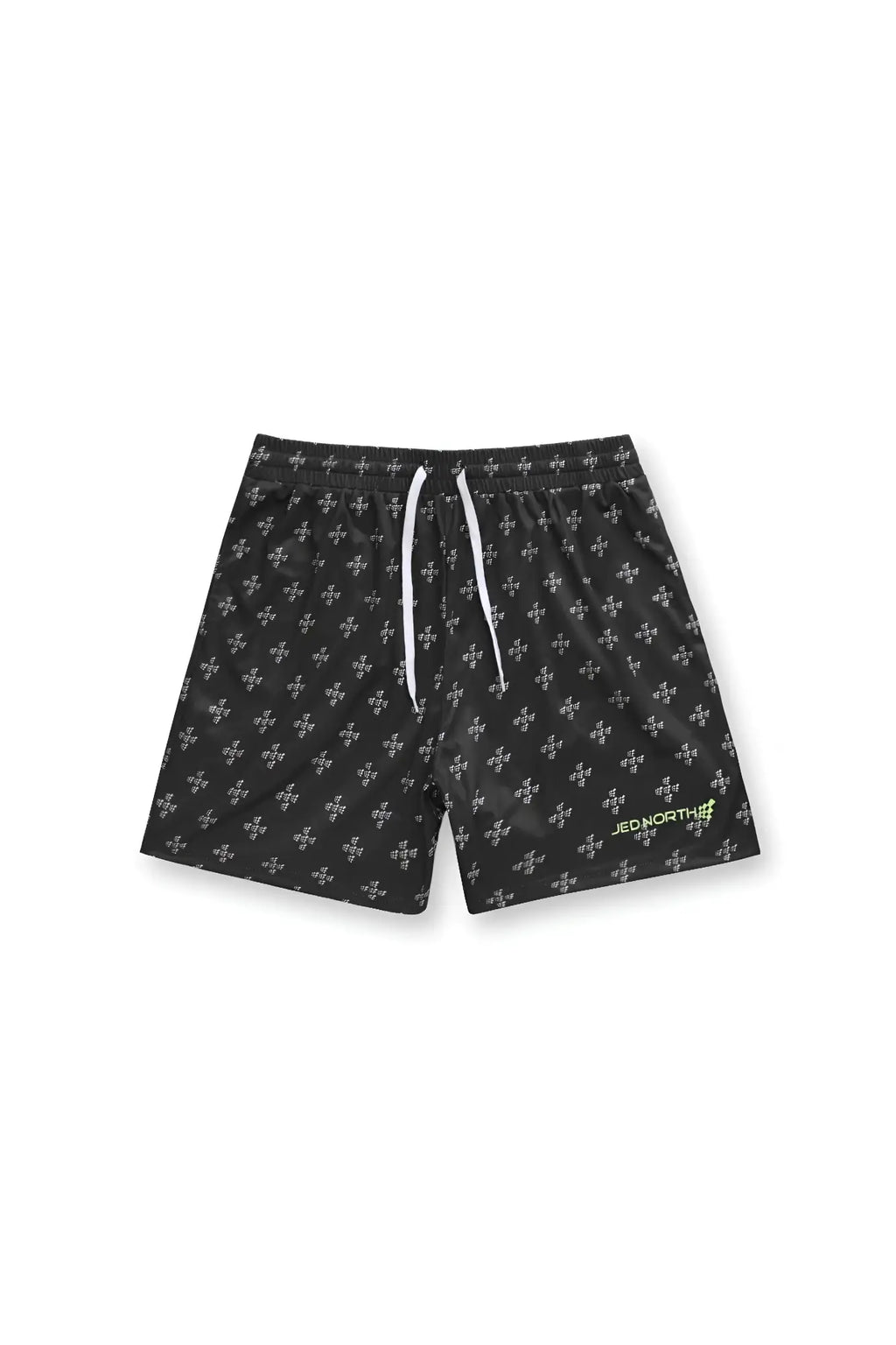 Jed North men’s fast dry black swim trunks with white geometric pattern and neon green branding on lower right leg