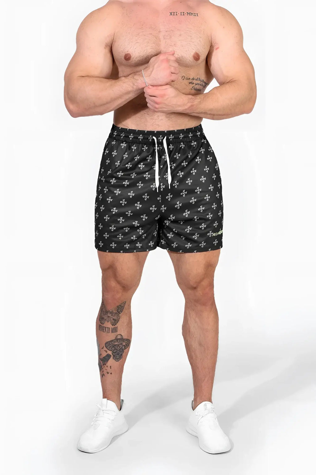 Jed North men’s fast-dry black training shorts with white crosshatch pattern and white drawstrings for workouts