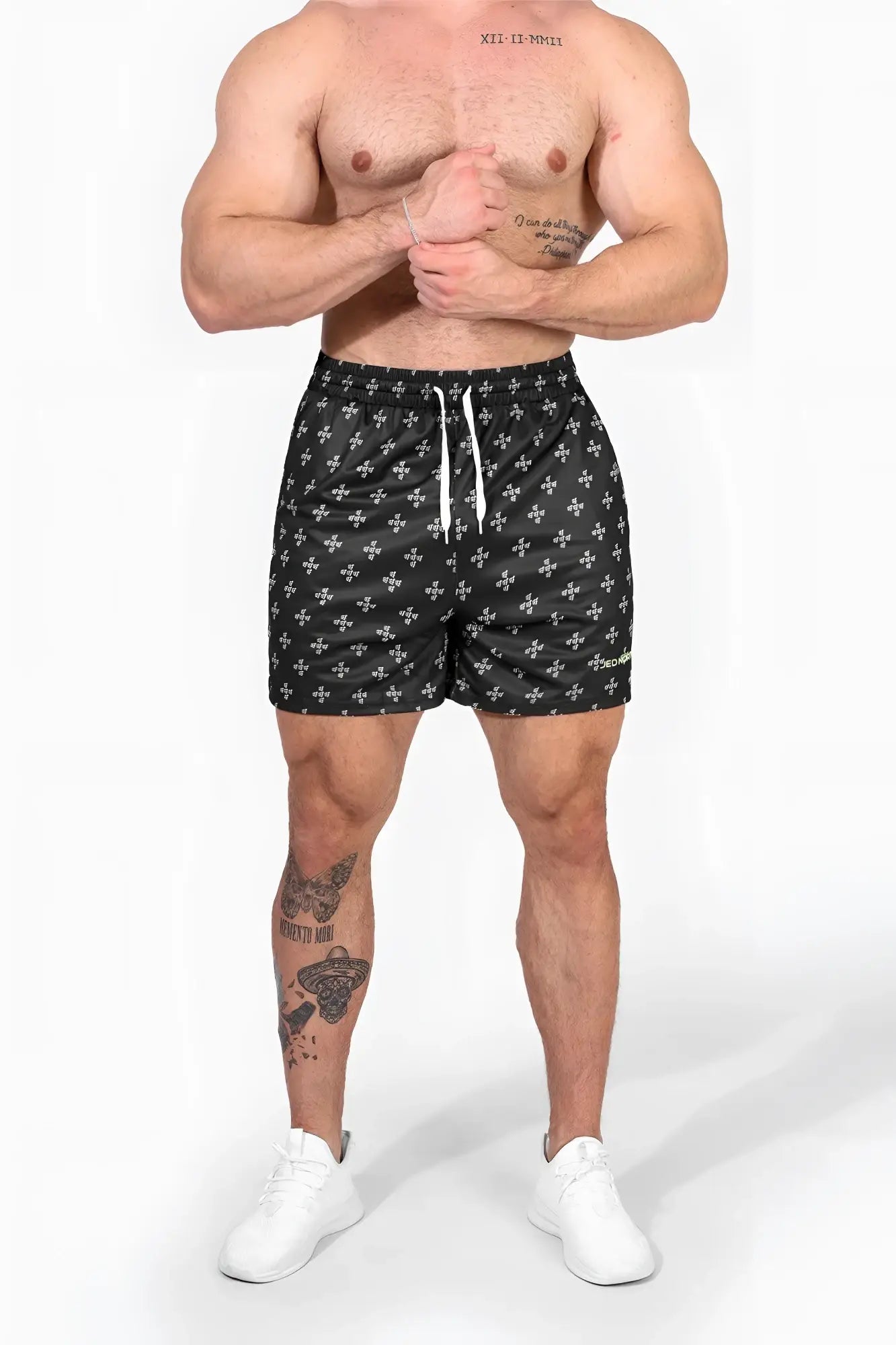 Jed North men’s fast-dry black training shorts with white crosshatch pattern and white drawstrings for workouts