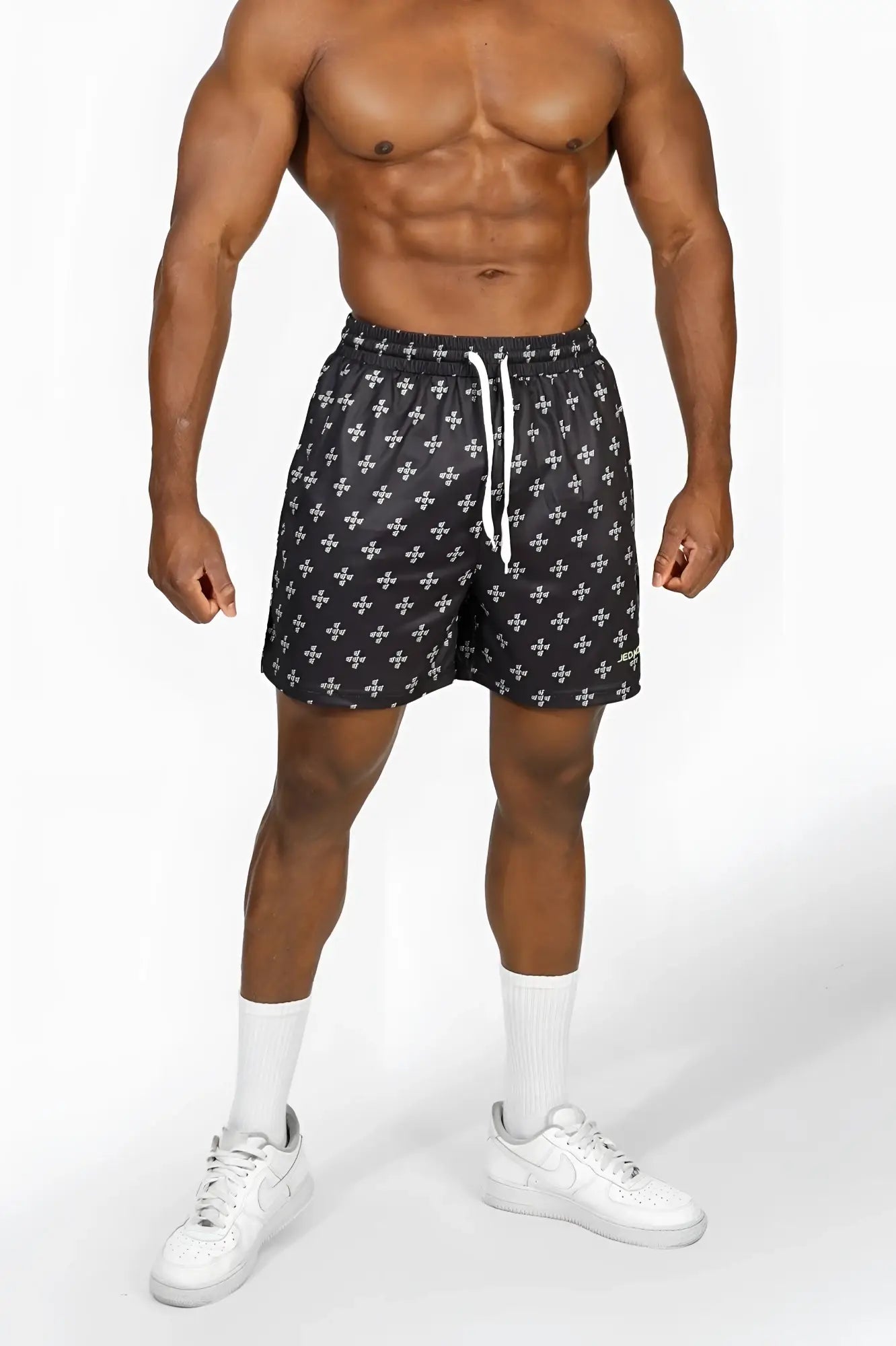 Jed north men’s fast-dry black training shorts with white fleur-de-lis pattern and white drawstrings for workout use