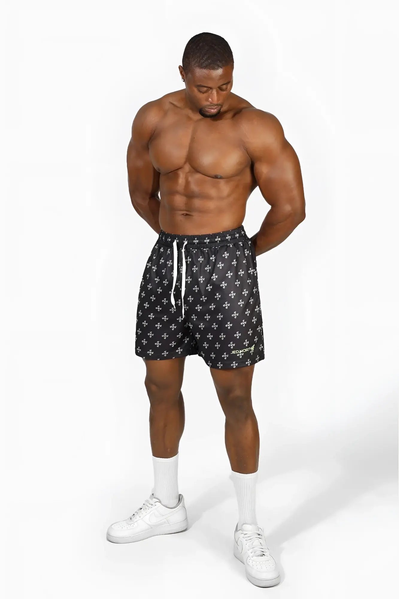 Jed north men’s fast-dry black training shorts with white cross pattern and white drawstrings for workouts