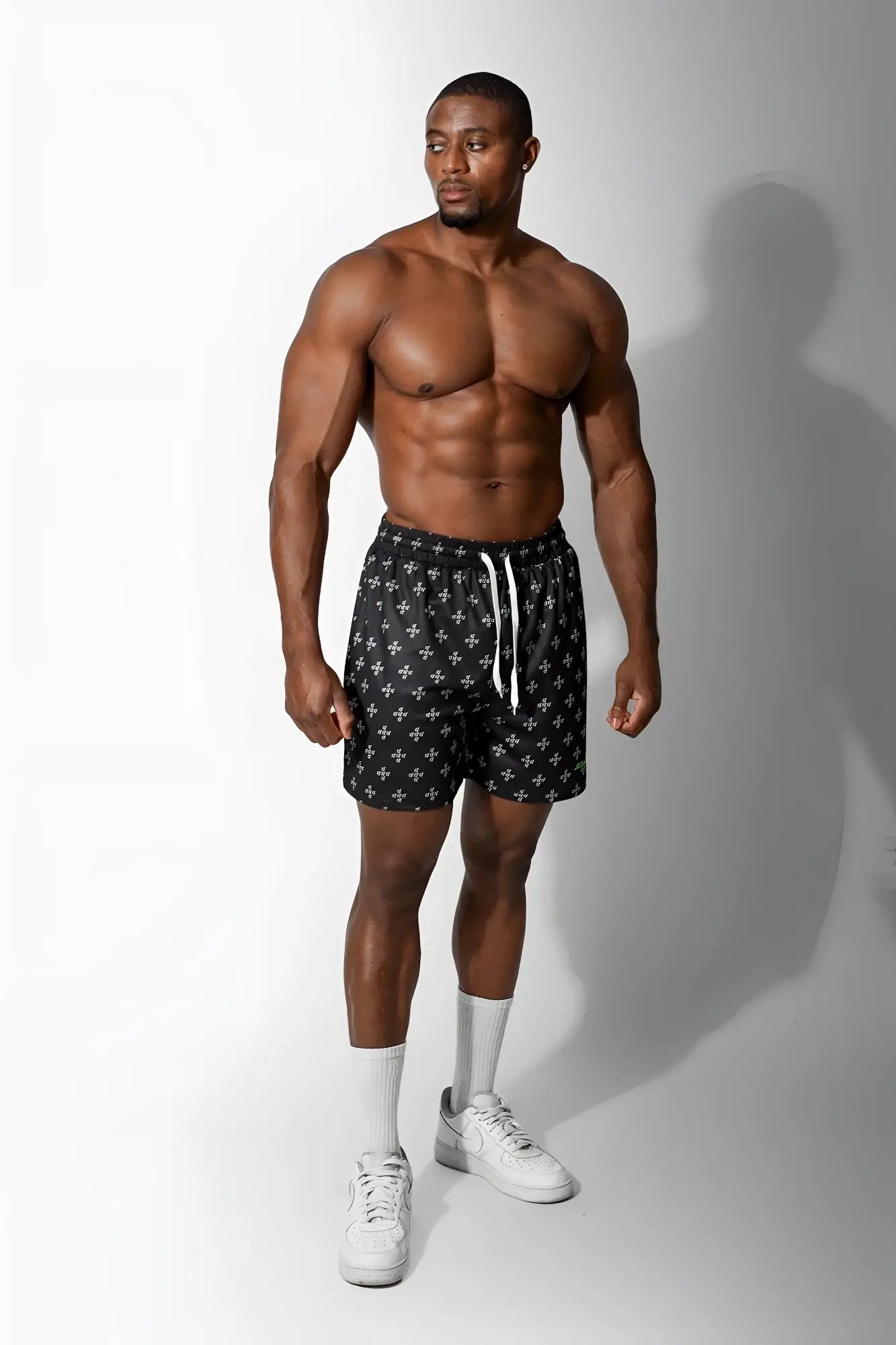 Jed north men’s fast-dry black training shorts with white cross pattern and white drawstrings for workouts
