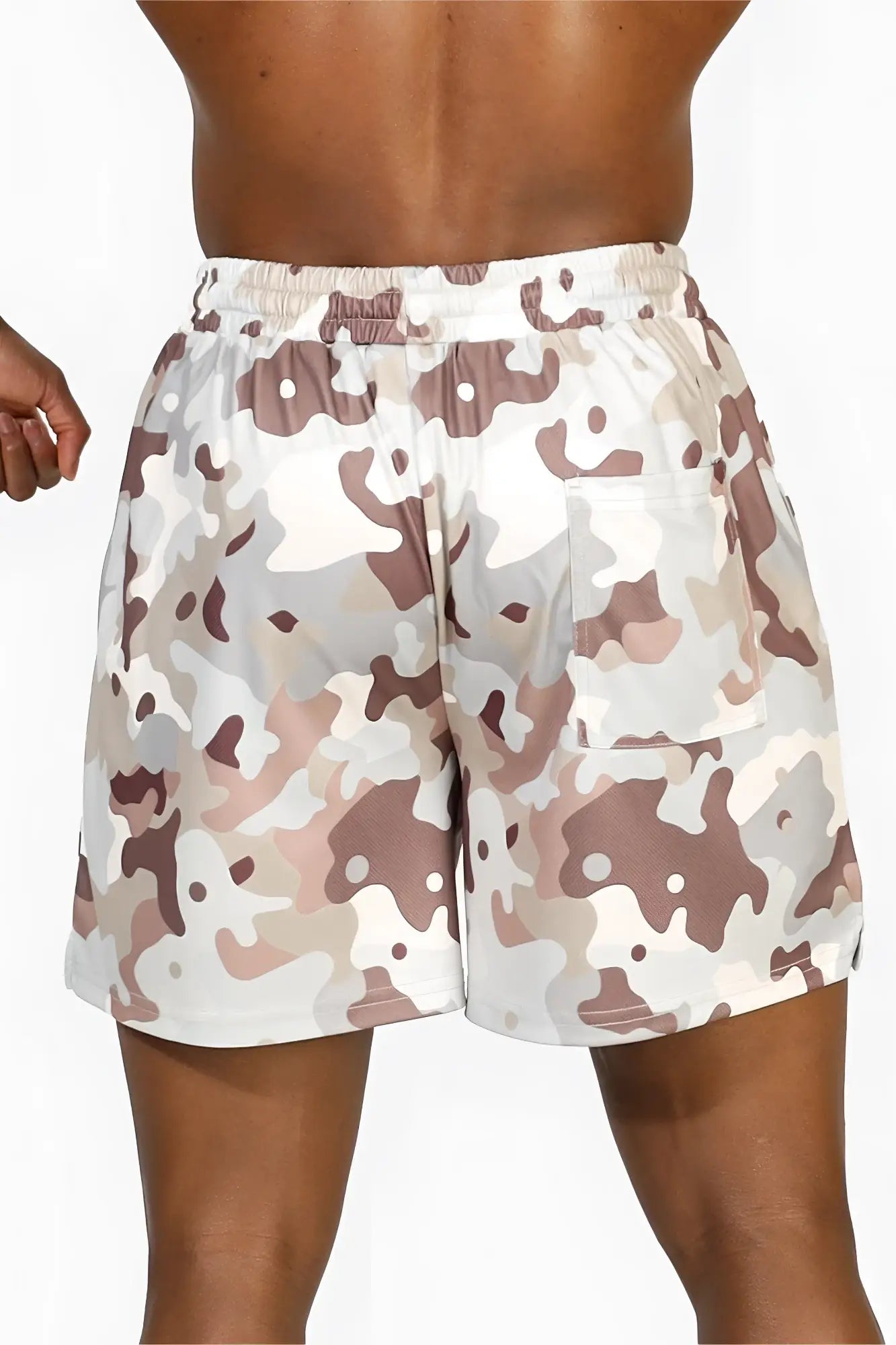 Jed North men’s fast-dry 5 inch training shorts in khaki camo with beige and brown camouflage and a side pocket