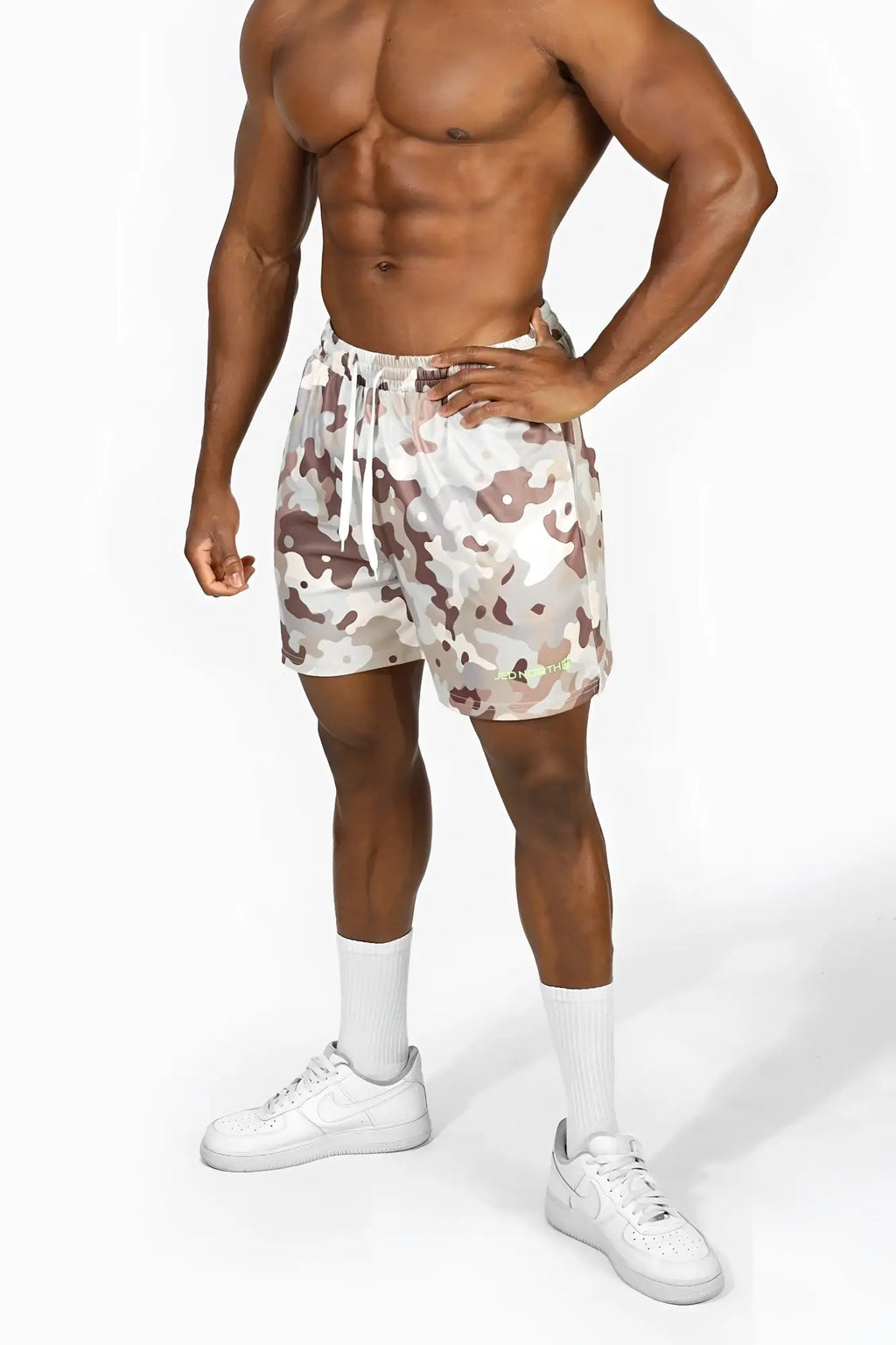 Jed north men’s fast-dry 5 inch training shorts in khaki camo with drawstring waistband on lightweight fabric