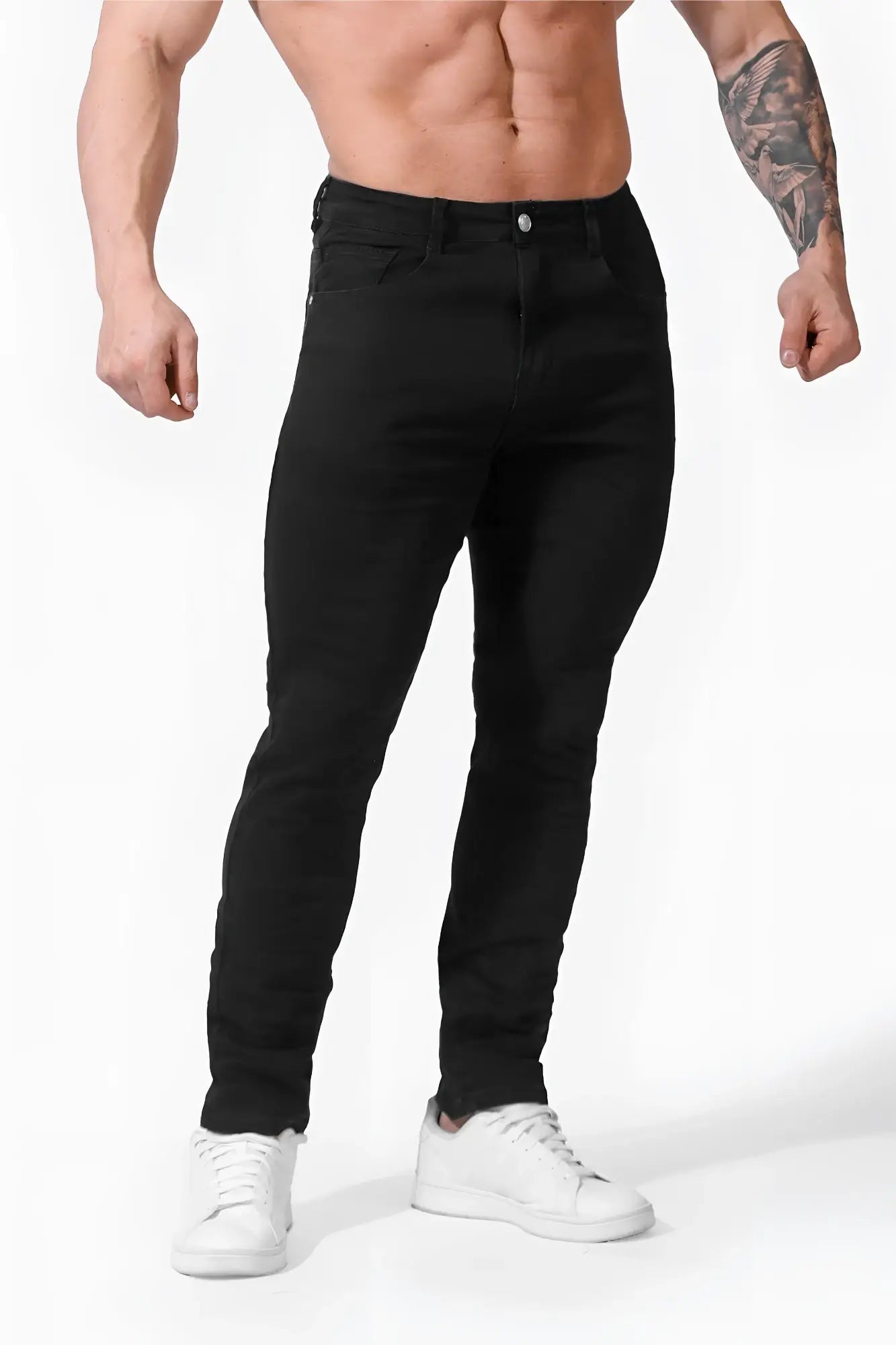 Men’s fitted stretchy black slim-fit denim jeans with classic five-pocket design and silver button closure