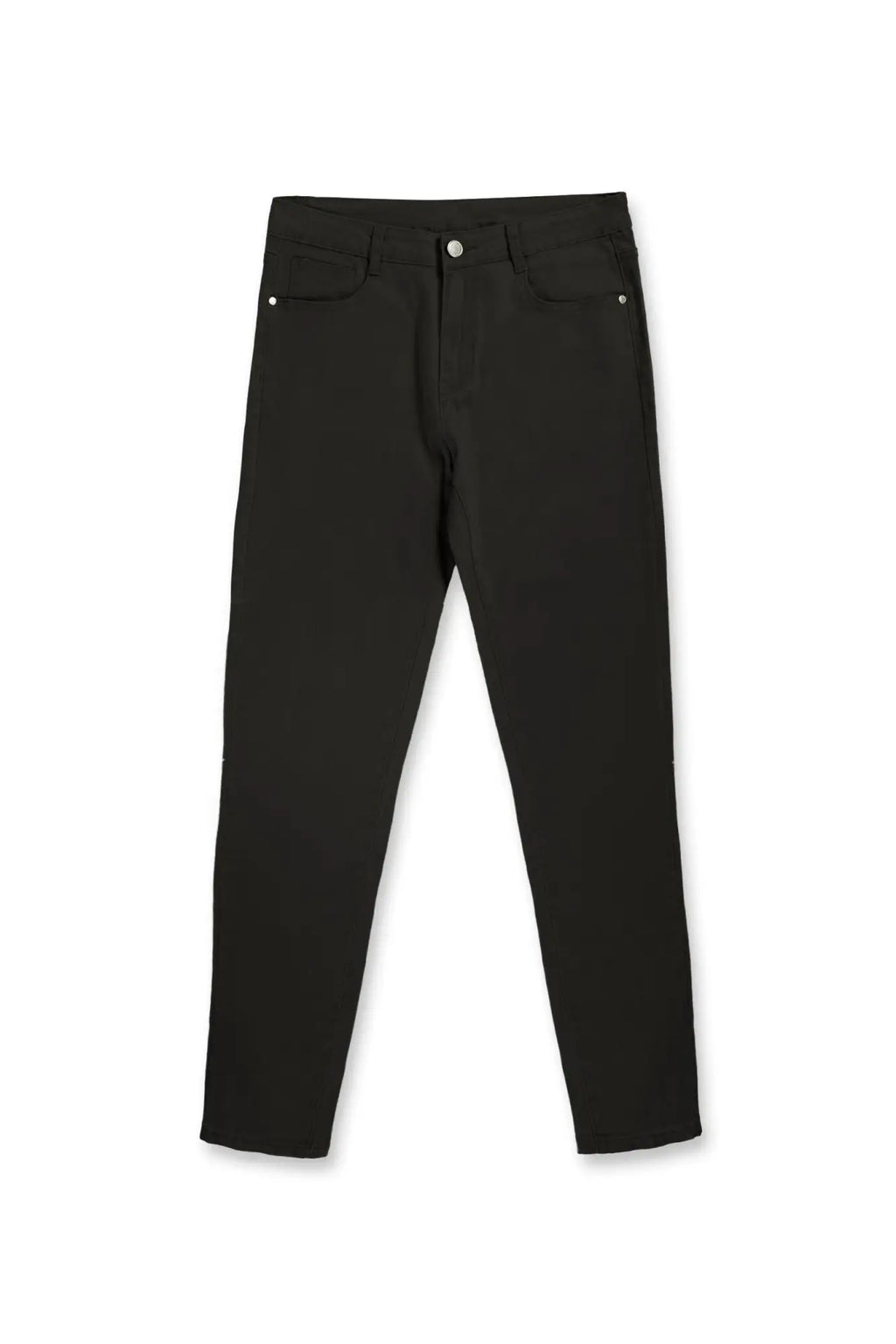 Men’s fitted stretchy black slim-fit trousers with sleek modern design and subtle silver button accents