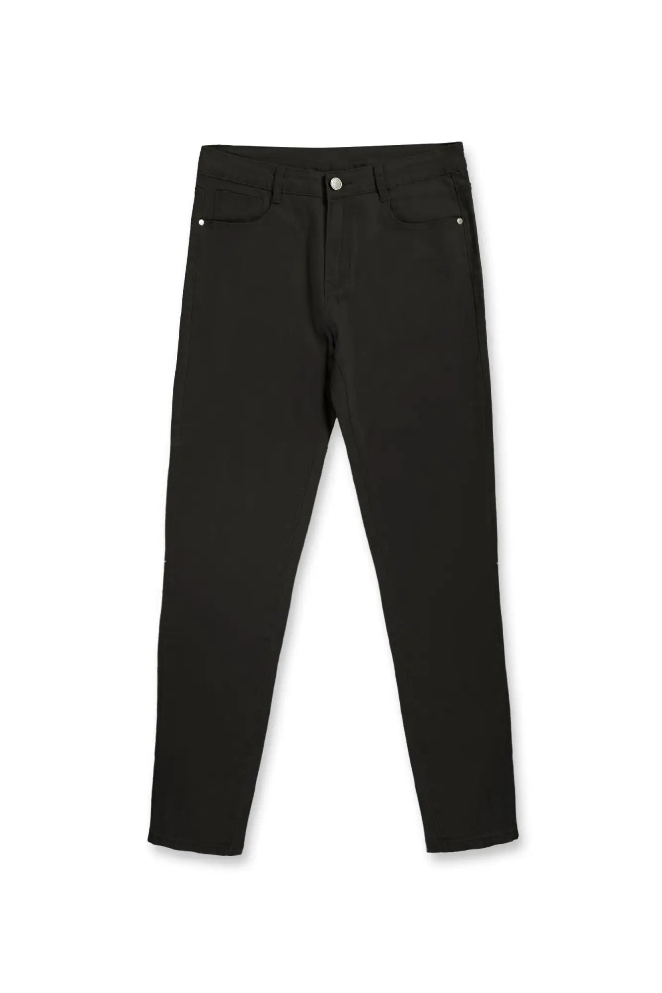 Men’s fitted stretchy black slim-fit trousers with sleek modern design and subtle silver button accents