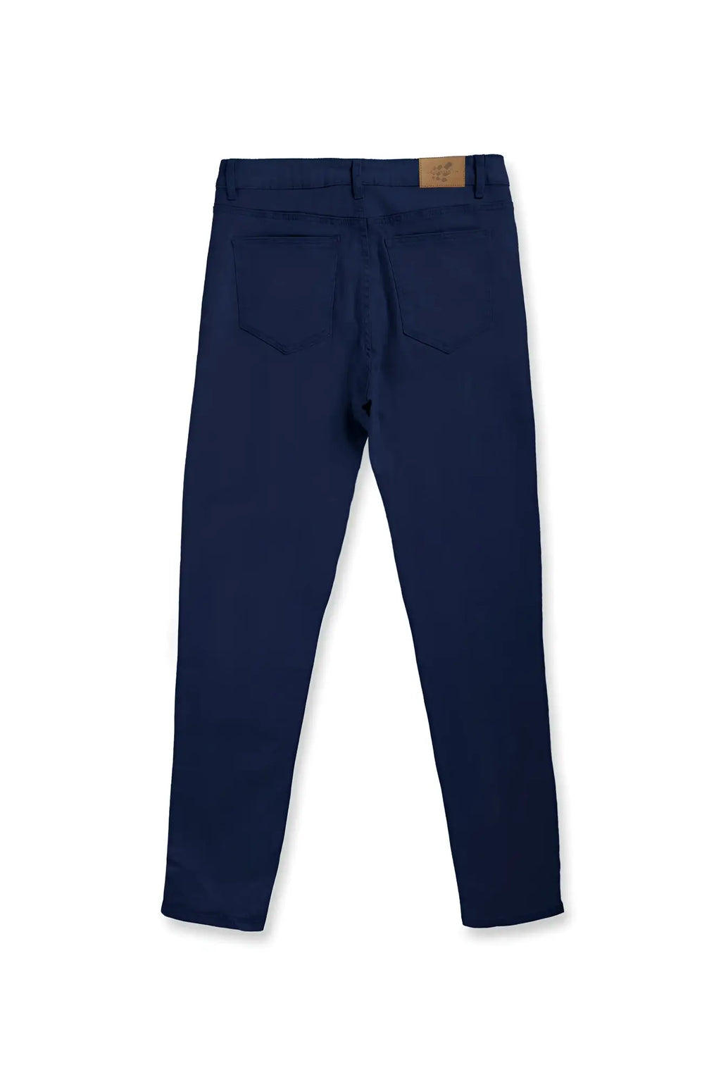 Men’s fitted stretchy navy slim-fit jeans with a brown leather brand tag at the waistband
