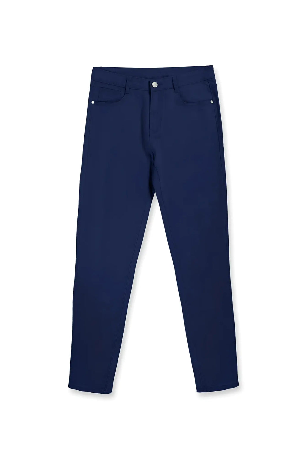 Men’s fitted stretchy navy slim-fit trousers with classic five-pocket design and silver-toned button closure