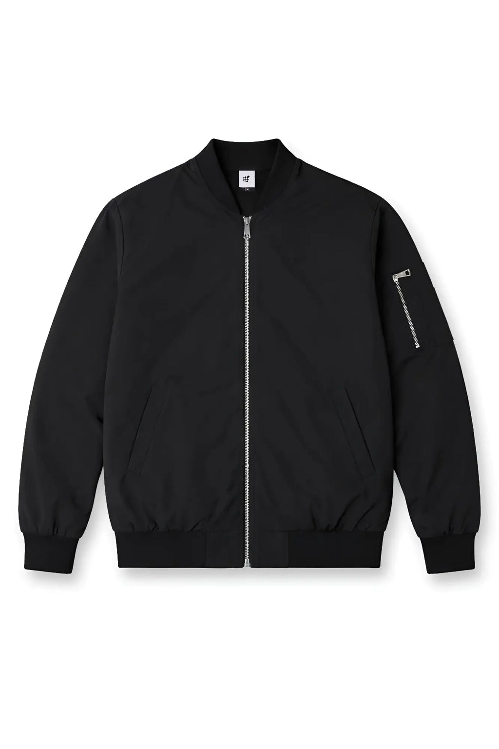 Men’s premium bomber jacket black with silver zipper and matching sleeve pocket in lightweight durable material