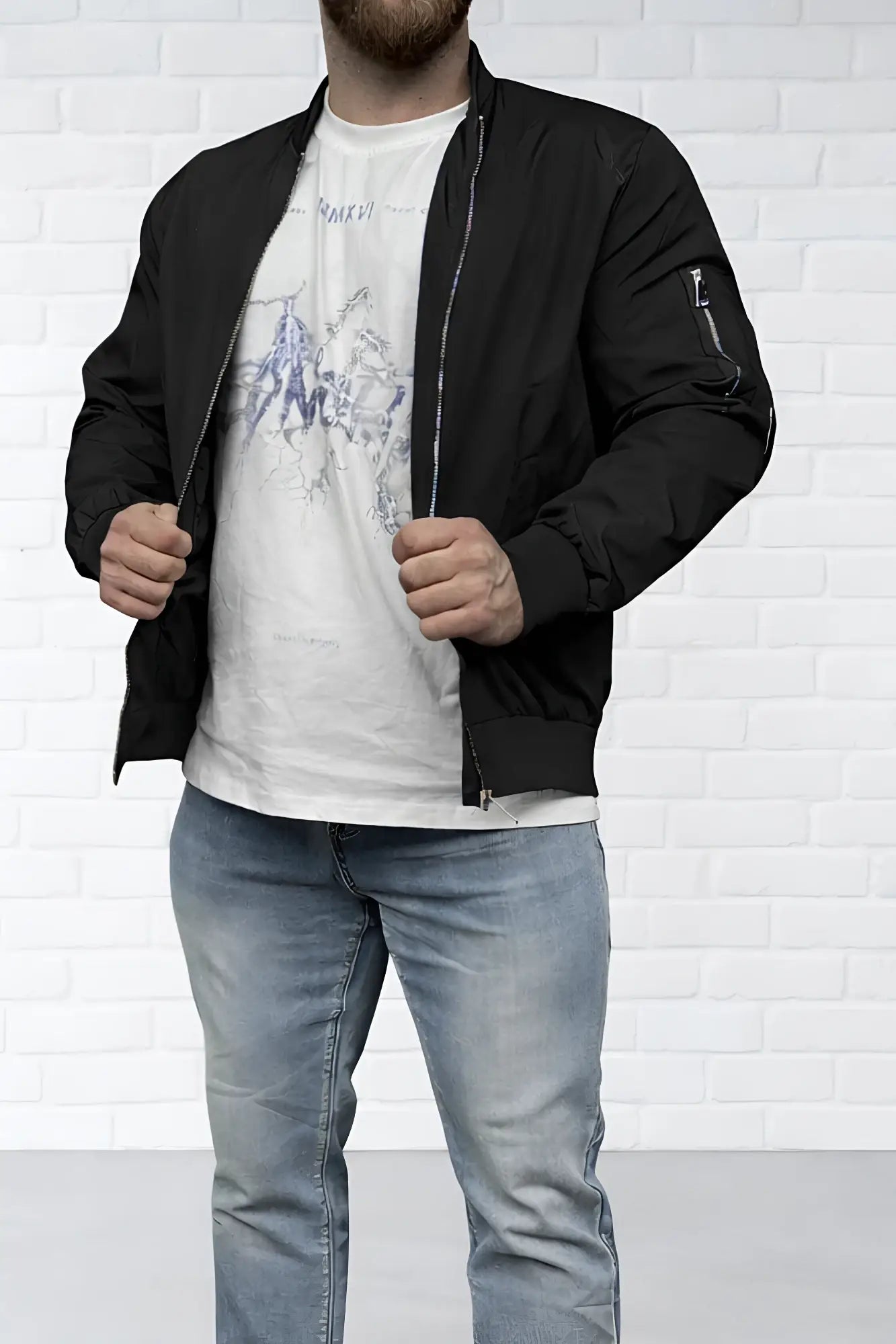Men’s premium bomber jacket in black with zipper front and sleeve pockets, made from durable material