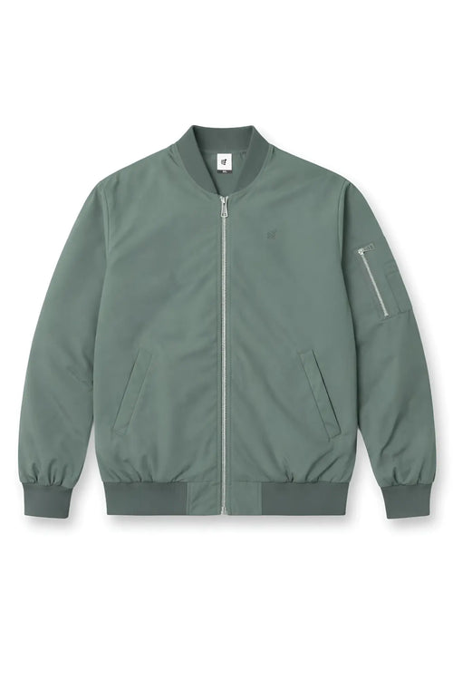Men’s premium bomber jacket olive with a matte finish ribbed cuffs waistband front zipper and multiple pockets