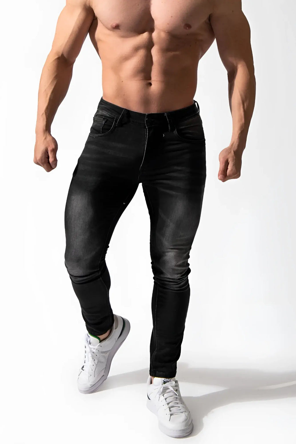 Men’s premium fitted stretchy jeans in faded black with black skinny-fit denim and a slim form-fitting silhouette