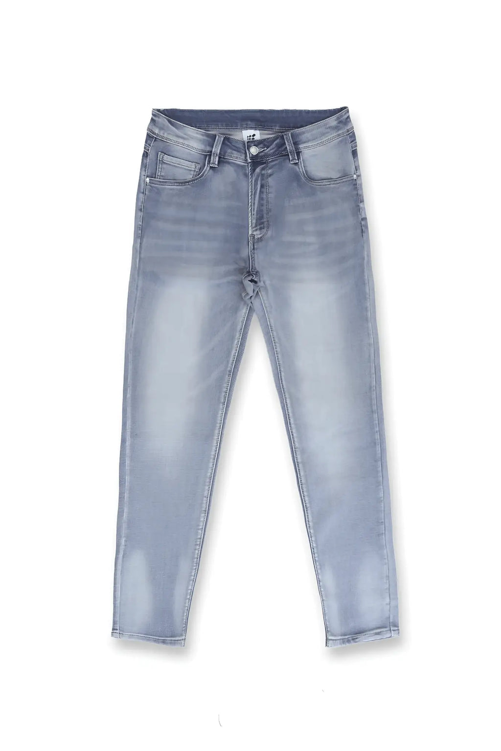 Men’s premium fitted stretchy jeans in faded blue light-wash denim with a slim fit and subtle fading for casual wear