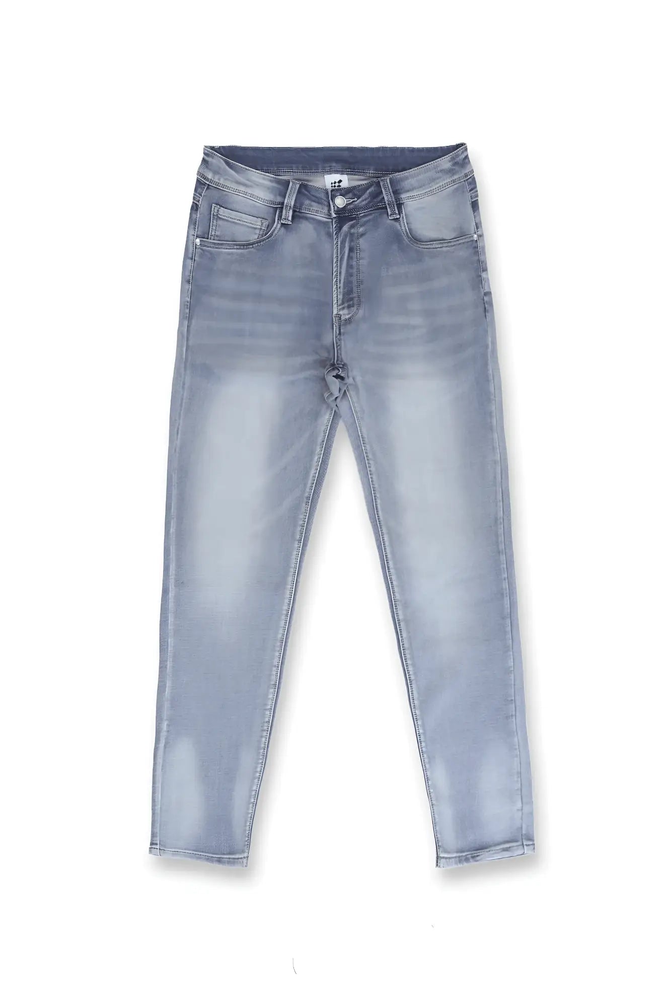 Men’s premium fitted stretchy jeans in faded blue light-wash denim with a slim fit and subtle fading for casual wear