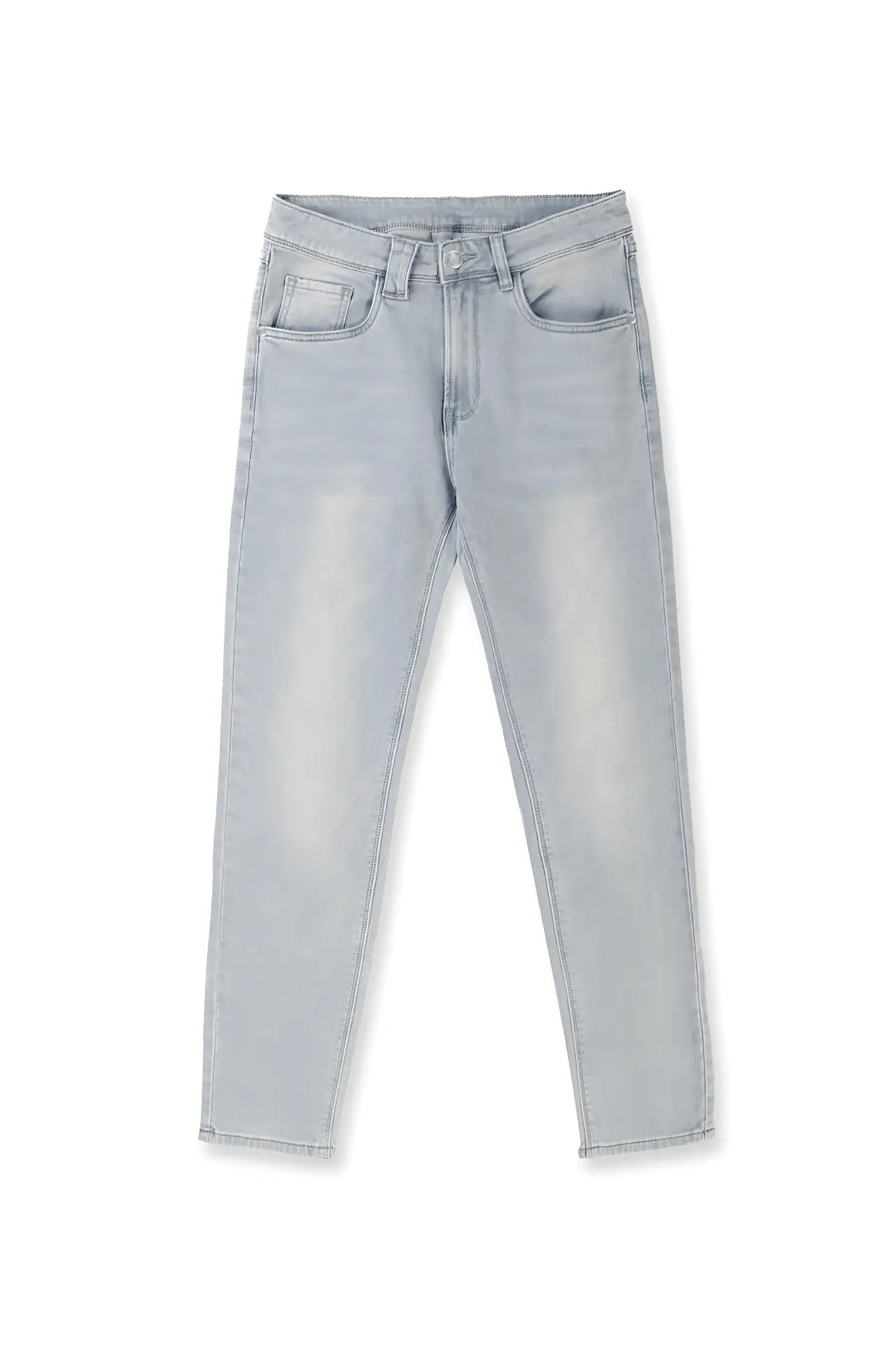 Men’s premium fitted stretchy light-wash denim jeans with slim fit and classic five-pocket design in faded light blue